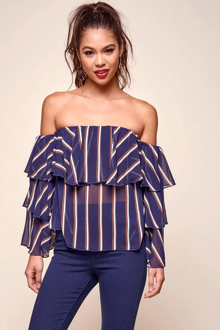 Goldwyn Tiered Striped Tube Top Navy - Ruaus
