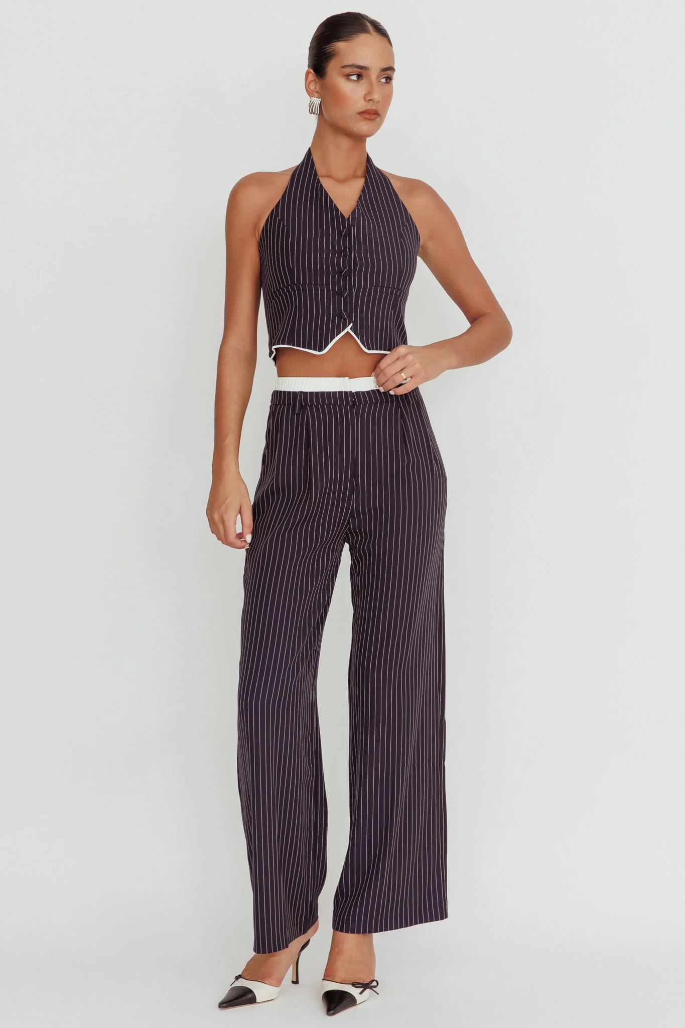 Lilija Pinstripe Double Waistband Wide-Leg Pants Navy - Ruaus