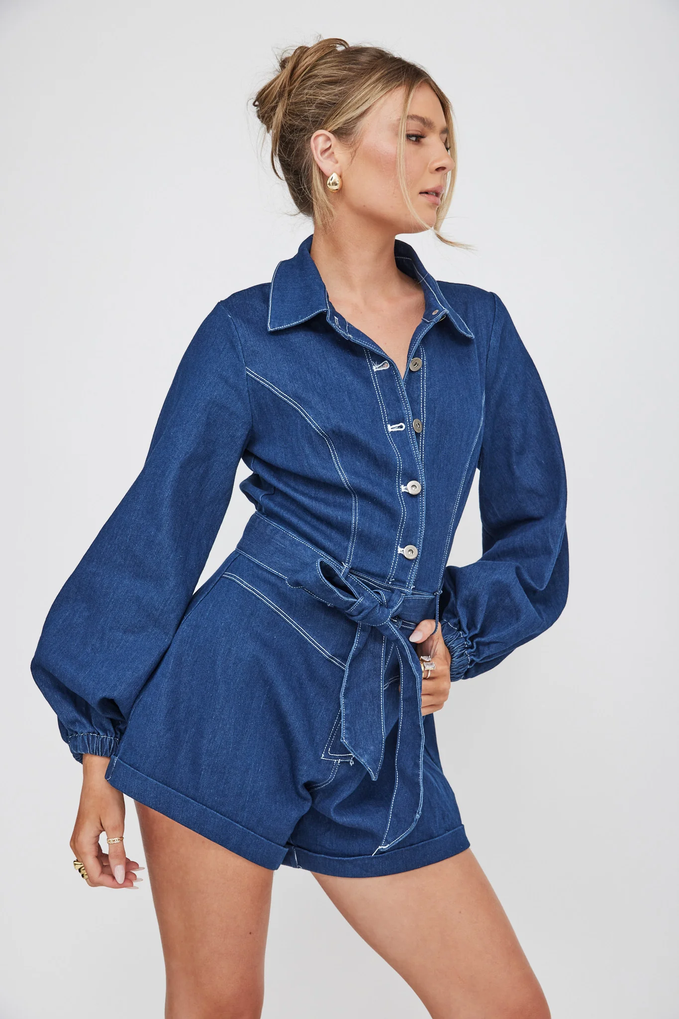 New Day Long Sleeve Button-Up Romper Indigo - Ruaus
