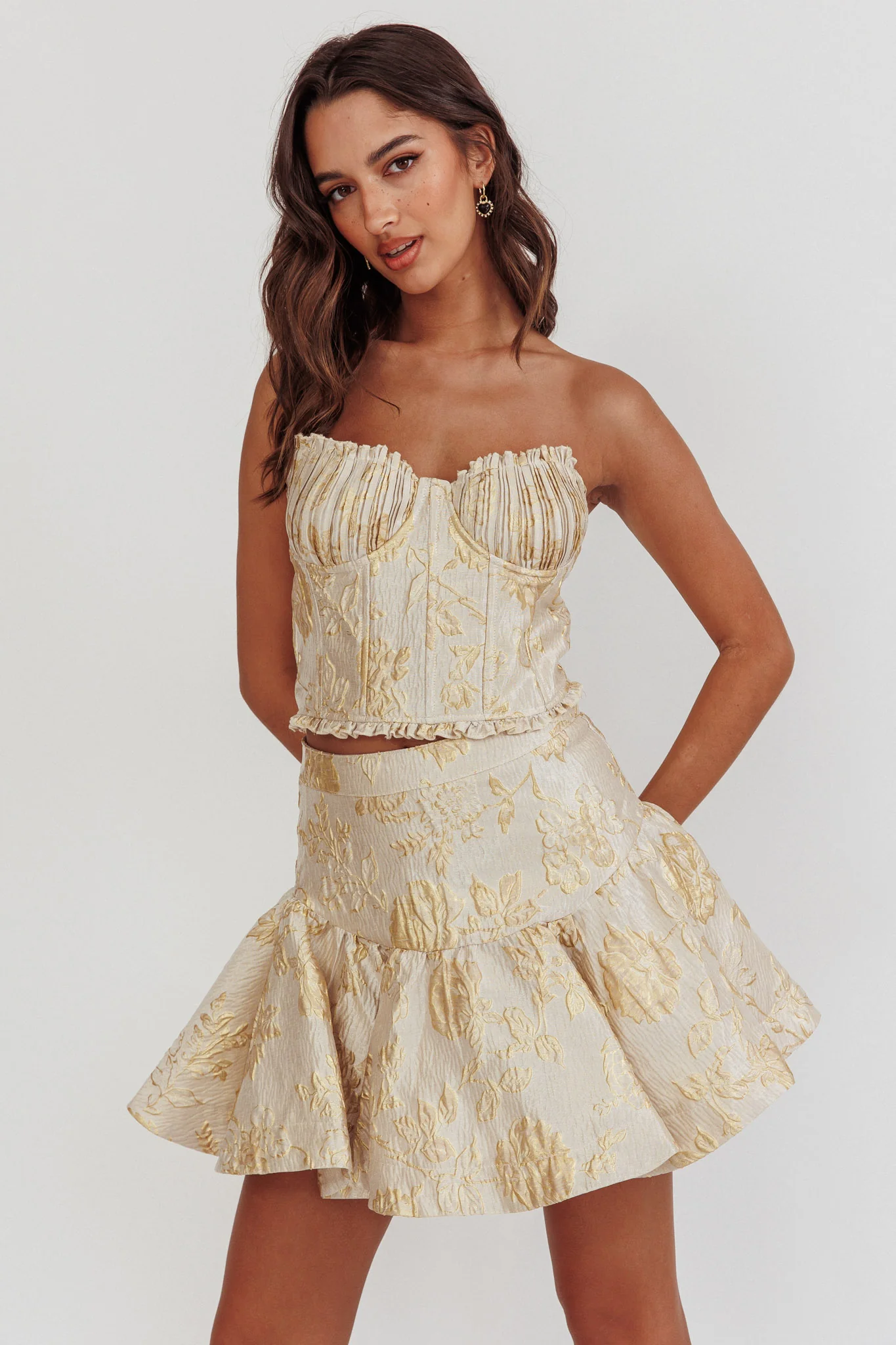 Kamilla Jacquard Corset Top Floral Gold - Ruaus