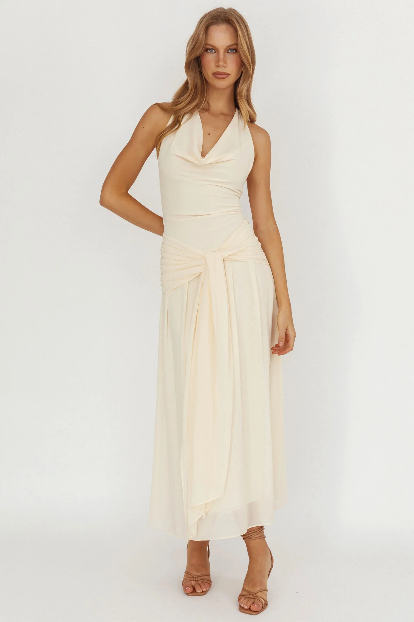 Maretha Cowl Halterneck Maxi Dress Butter - Ruaus