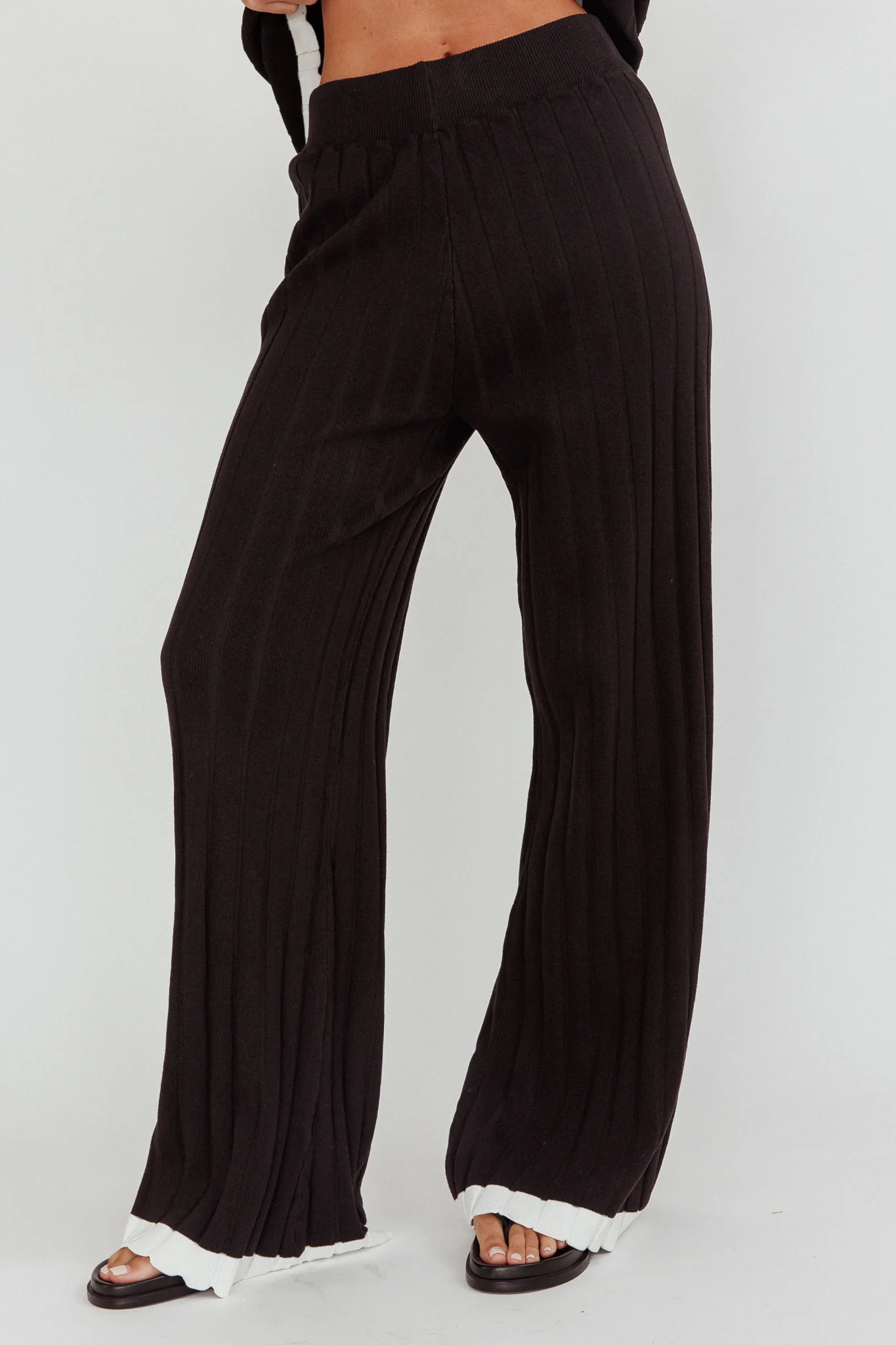Liloh Contrast Trim Ribbed Knit Pants Black - Ruaus