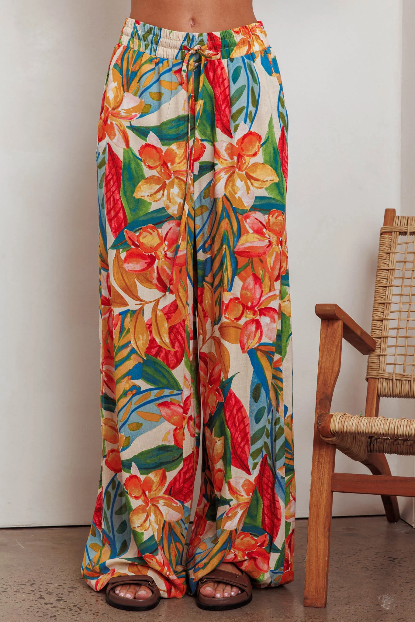 Marula Wide Leg Drawstring Pants Botanical - Ruaus