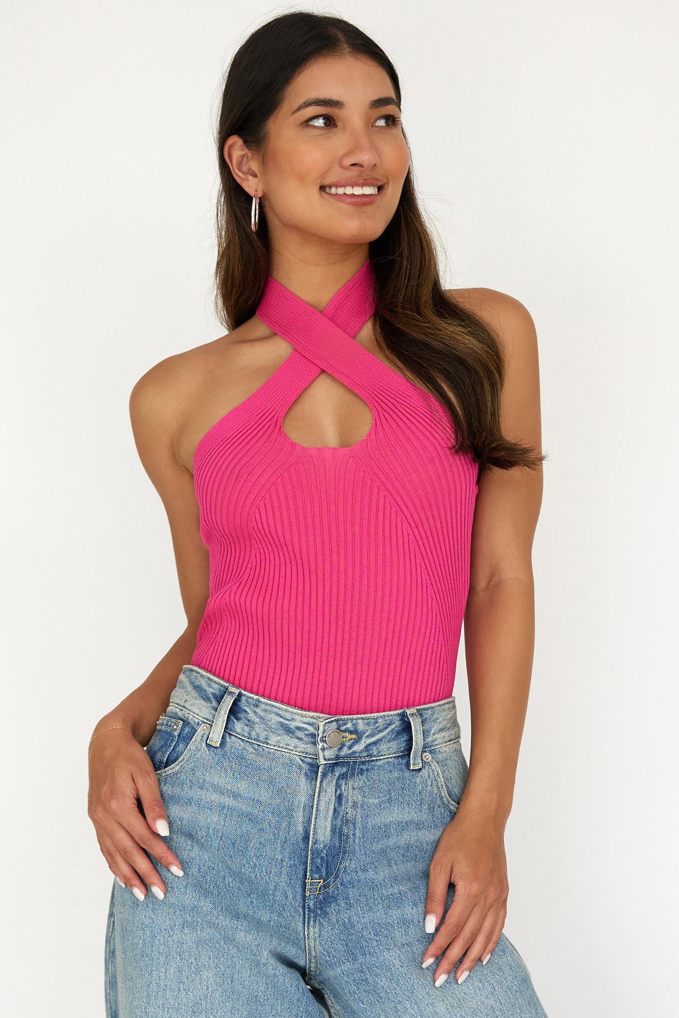 Lou Cut-Out Halter Top Hot Pink - Ruaus