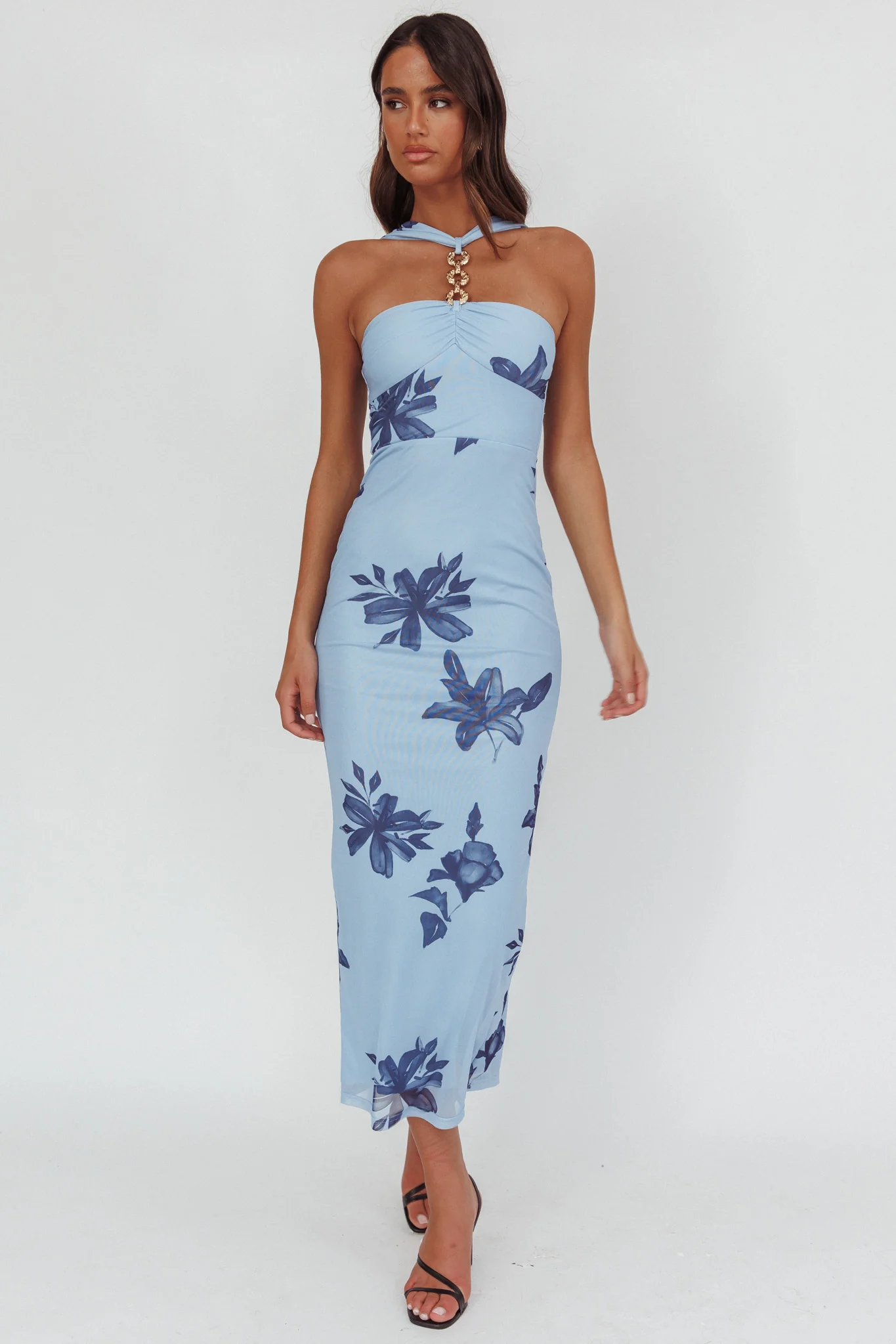 Maretha Gold Link Neckline Maxi Dress Lily Blue - Ruaus