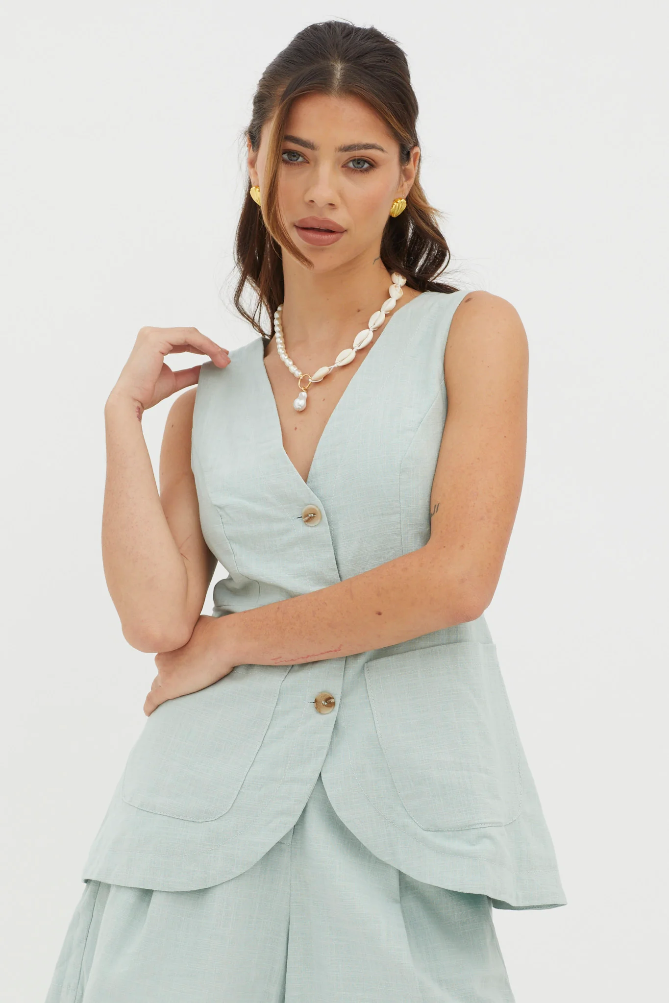 Philomena Button Pocket Vest Top Sage - Ruaus