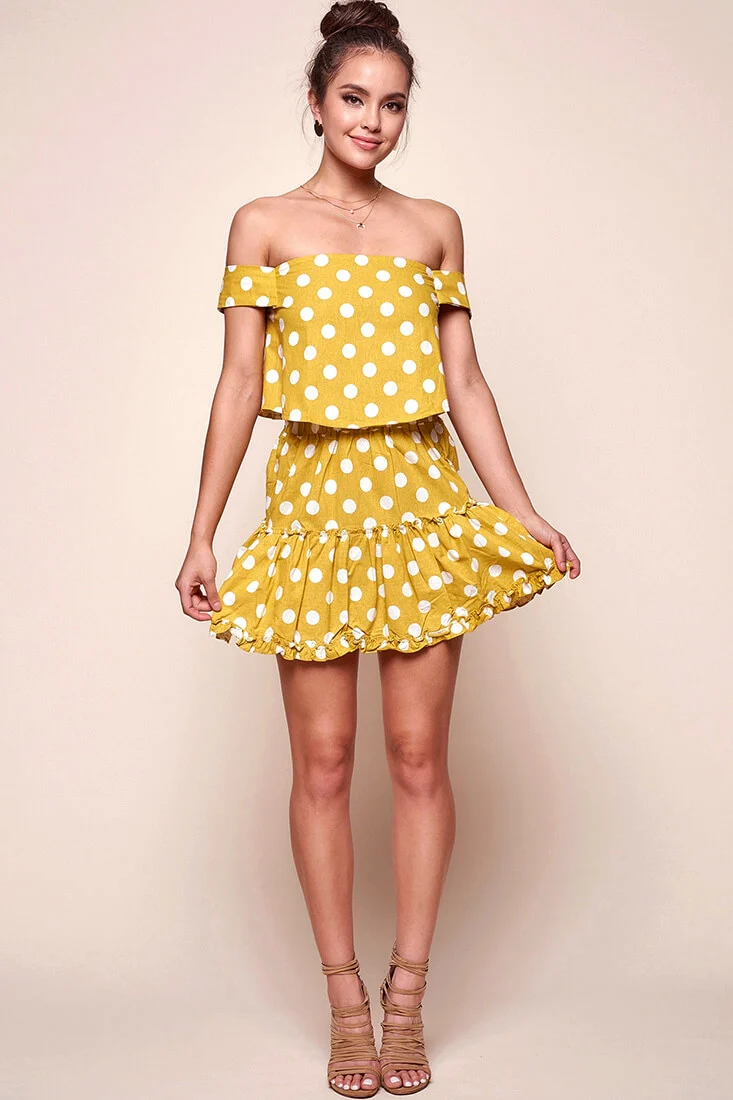 Alexi Polka Dot Off The Shoulder Top Yellow Mustard - Ruaus