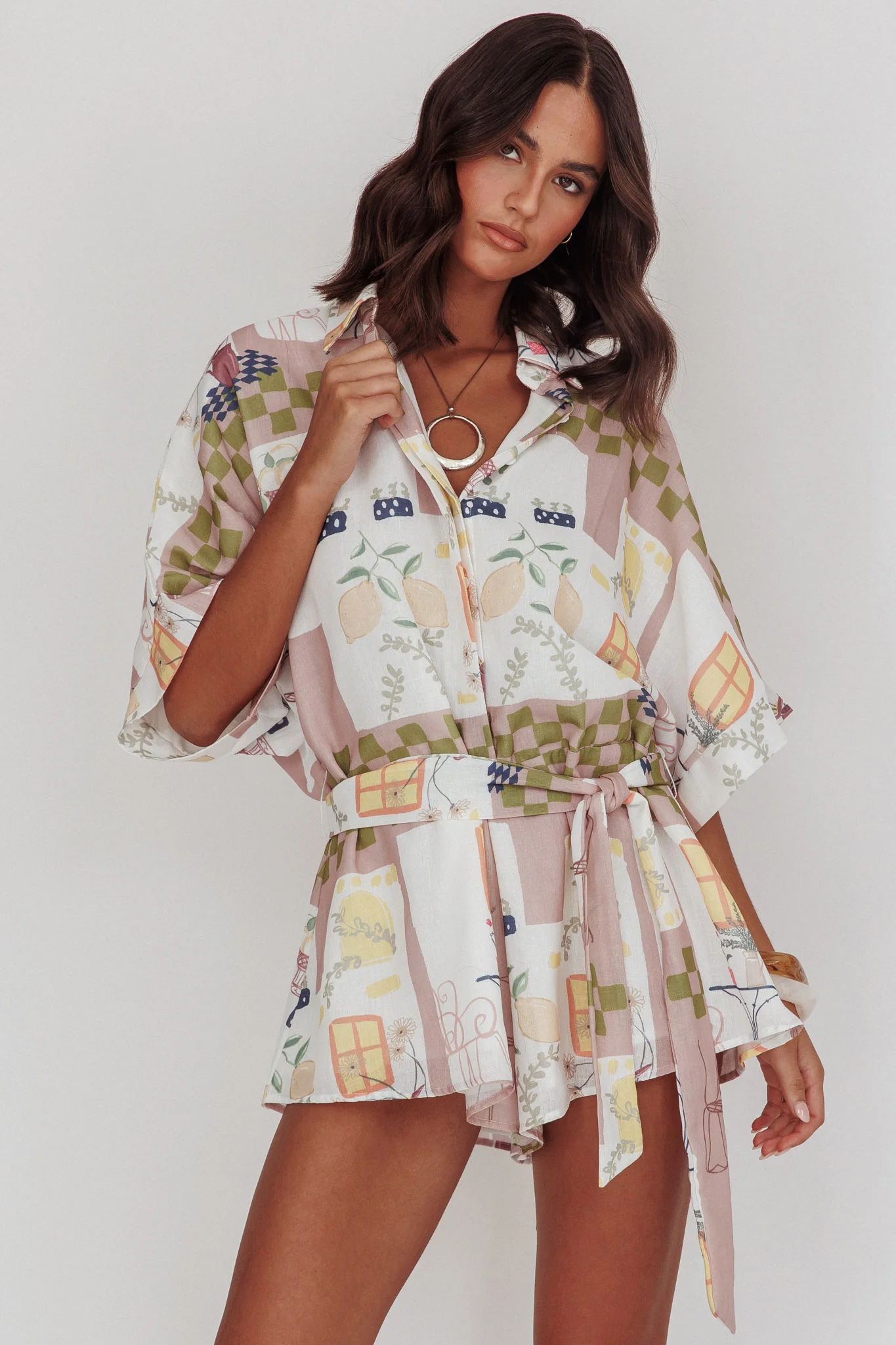 Daytona Beach Button-Up Romper Euro Print Olive - Ruaus