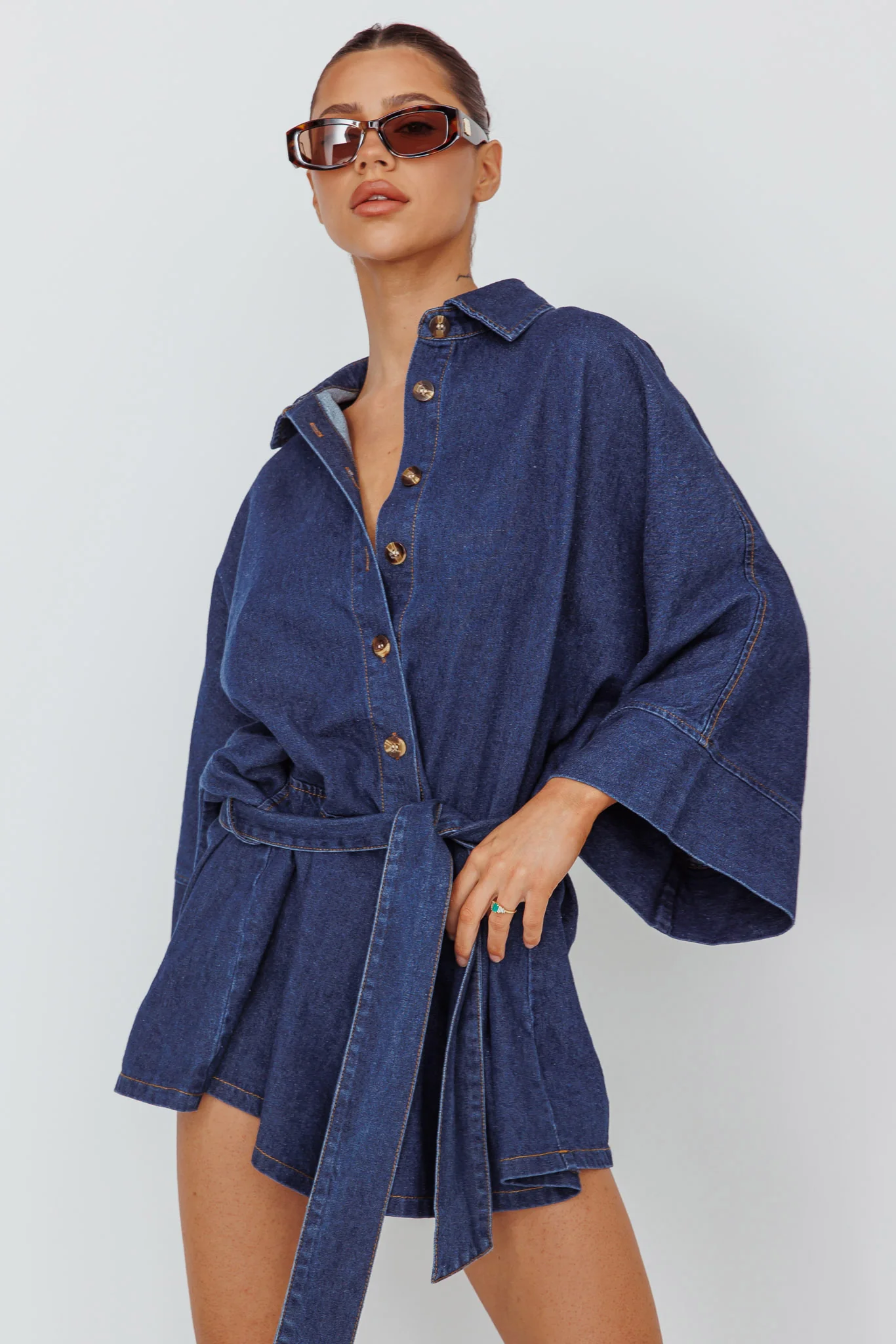 Daytona Beach Long Sleeve Shirt Romper Indigo - Ruaus
