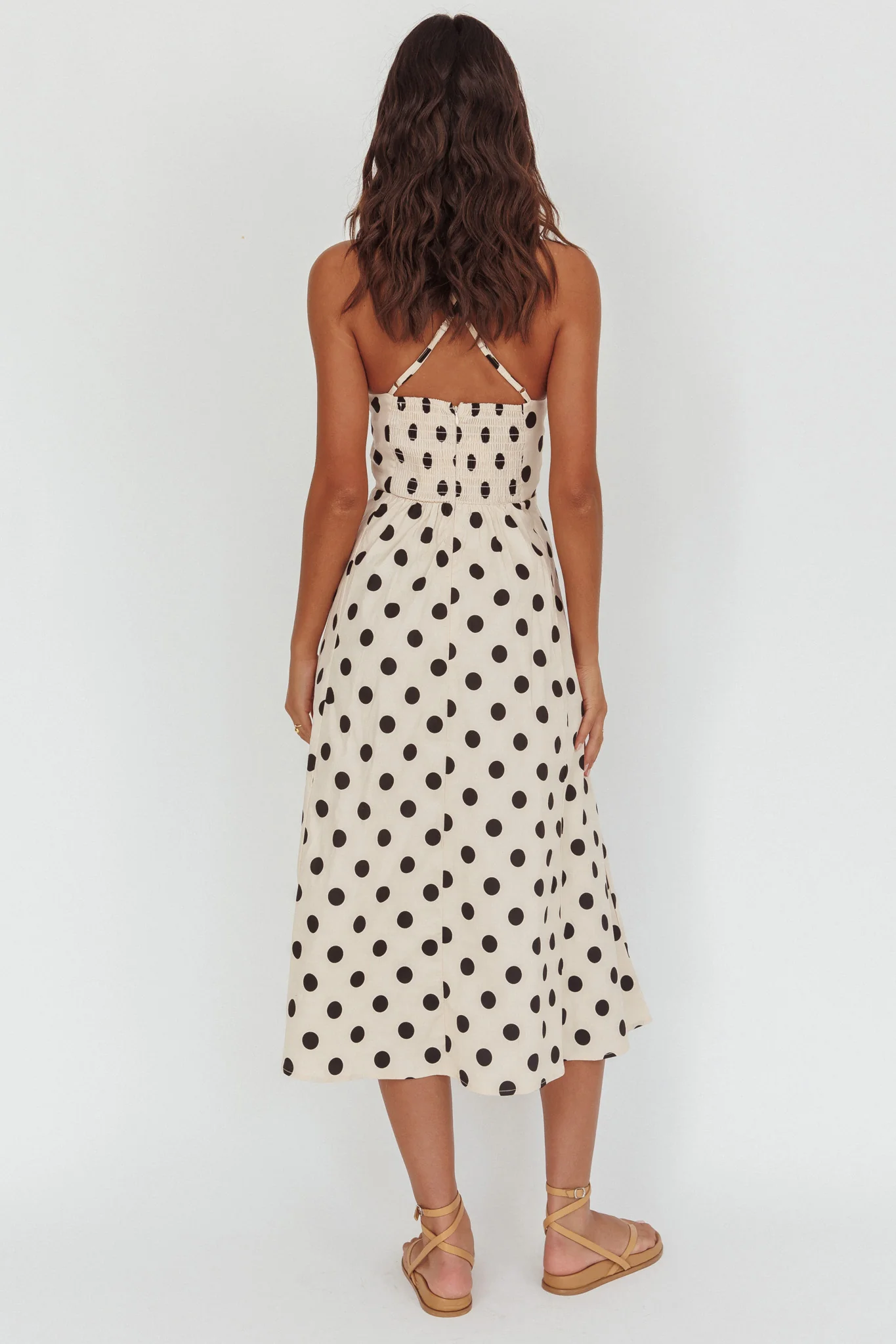 Second Glance Olga Criss-Cross Back Midi Dress Polka Dot Beige - Ruaus