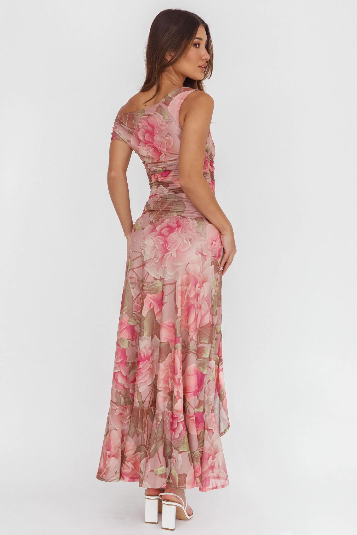 Moonlit Magic Asymmetric Neckline Maxi Dress Floral Blush - Ruaus