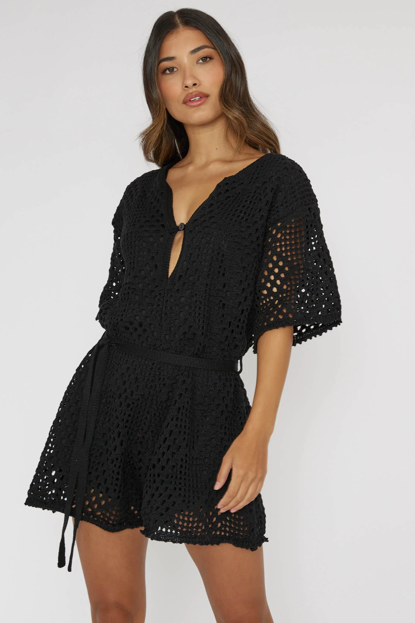 Asana Crochet Button Romper Black - Ruaus