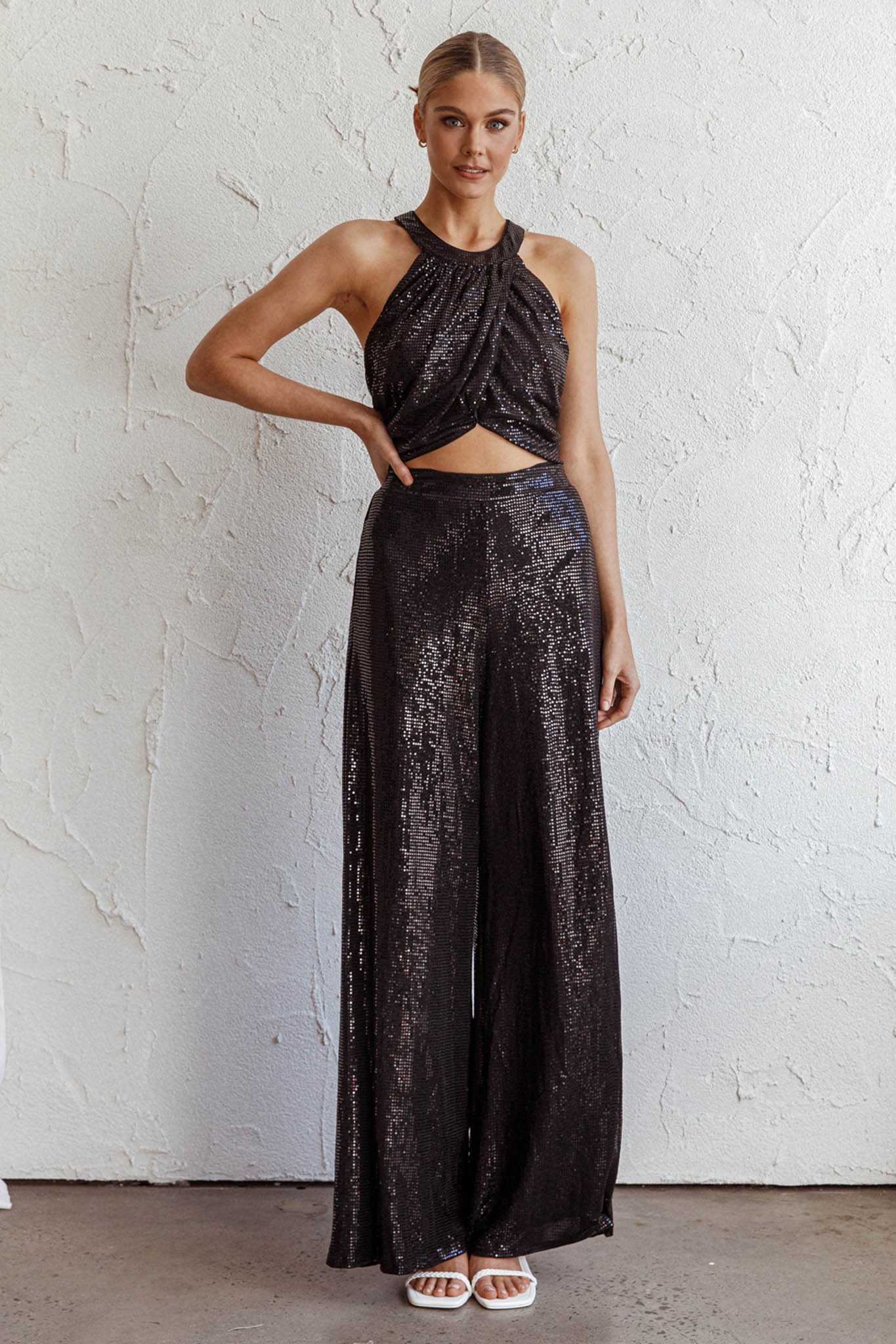Anything Goes Wide Leg Metallic Pants Black - Ruaus