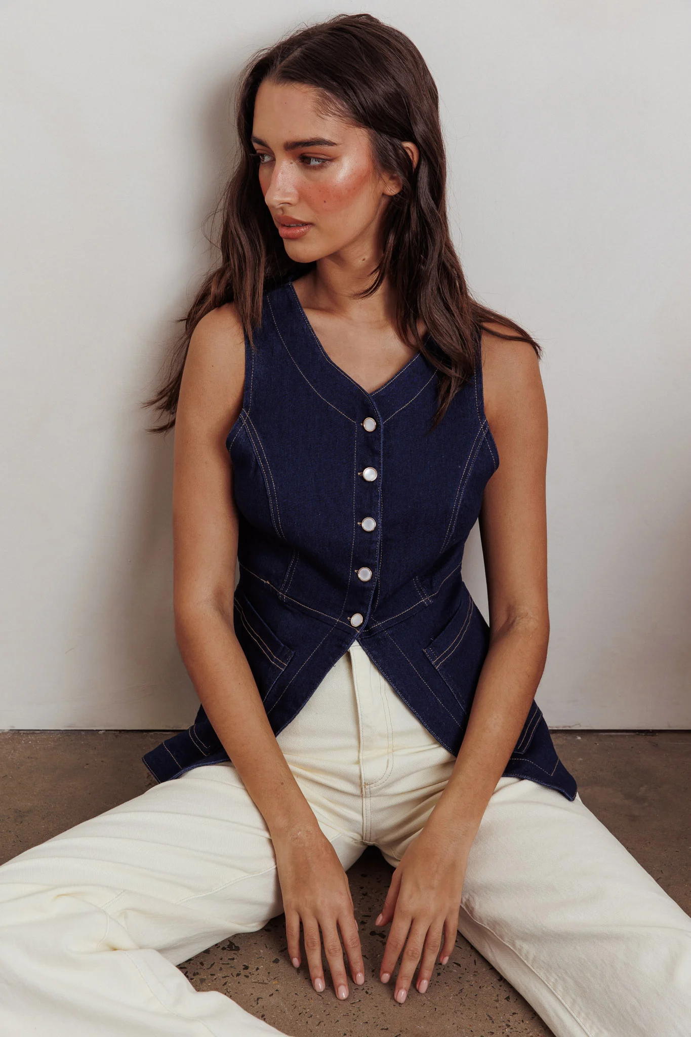 Philomena Button Front Pocket Vest Top Denim - Ruaus