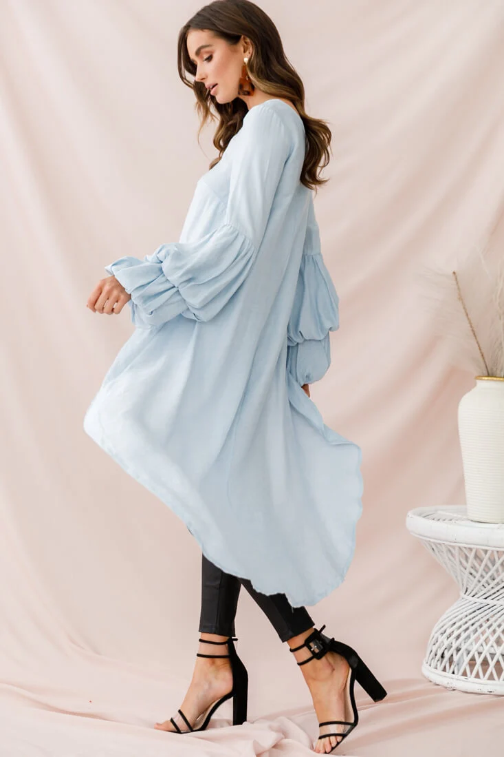 Elaine High Low Balloon Sleeve Top Blue - Ruaus