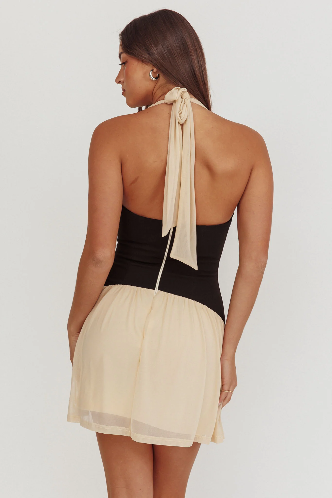 Milos Contrast Halter Mini Dress Cream - Ruaus