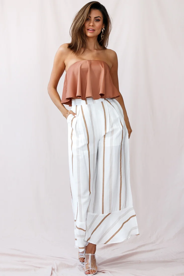 Hermosa Wide Leg Pocket Pants Stripe Print Tan - Ruaus