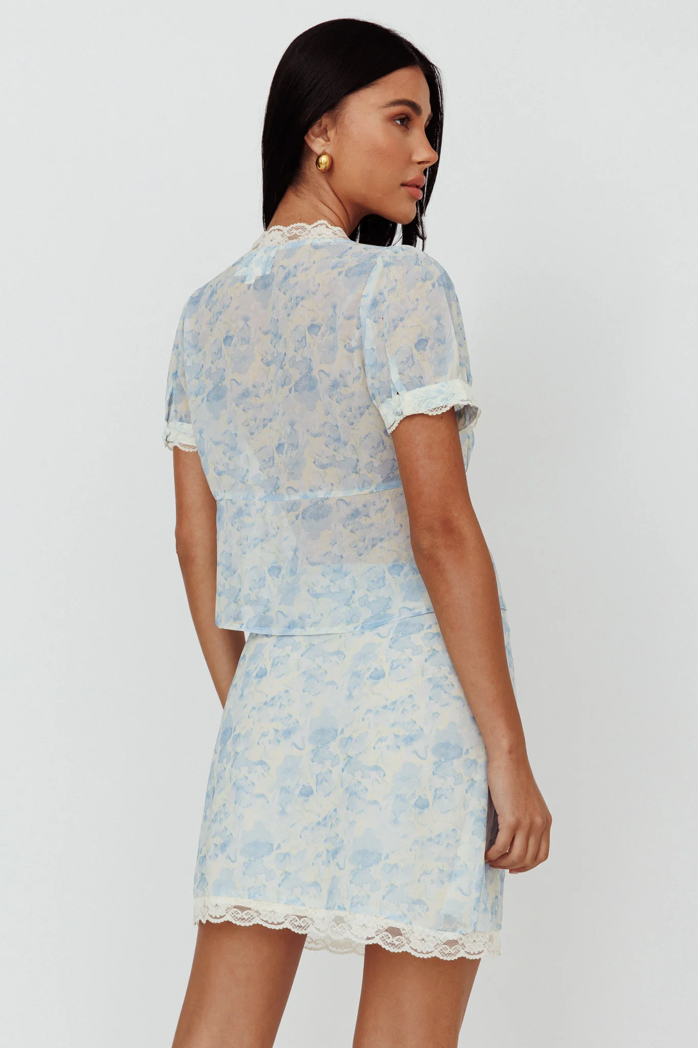 Palmer Lace Trim Blouse Top Blue - Ruaus