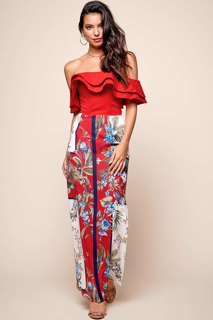 Paradise Side Split Maxi Skirt Red - Ruaus
