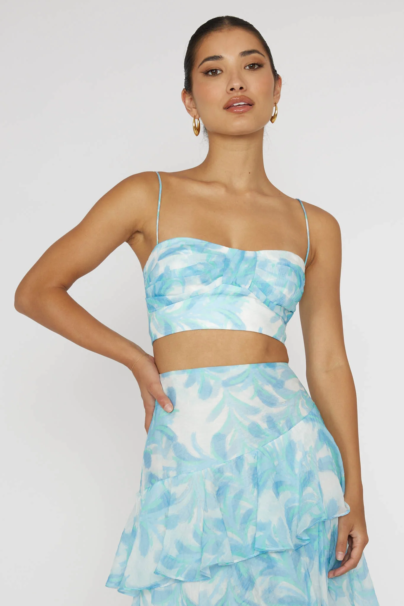 Veda Pleat Crop Top Floral Blue - Ruaus