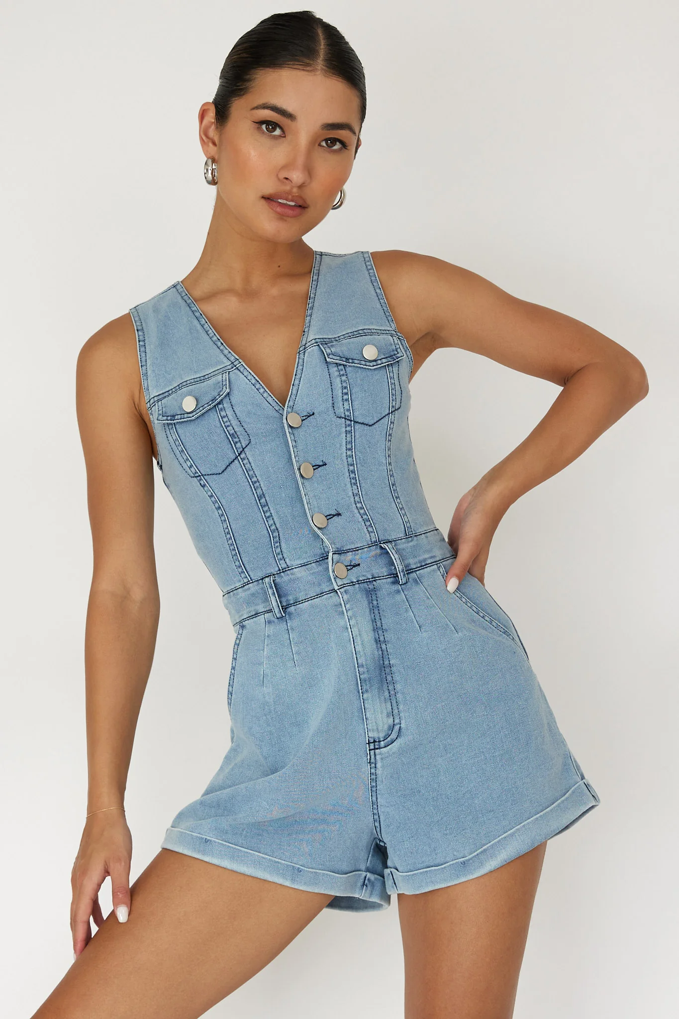 Jazelle Button Front Romper Denim - Ruaus