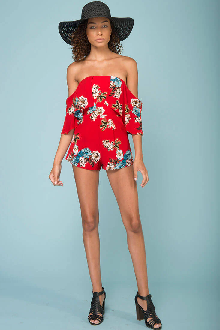Dixie Floral Print Romper Red - Ruaus