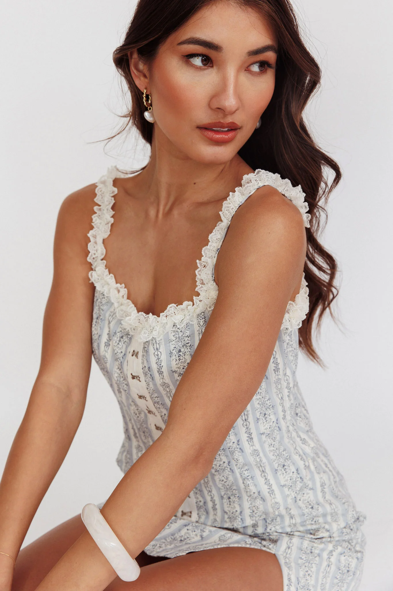 Palmas Hook & Eye Lace Trim Top Floral Blue - Ruaus