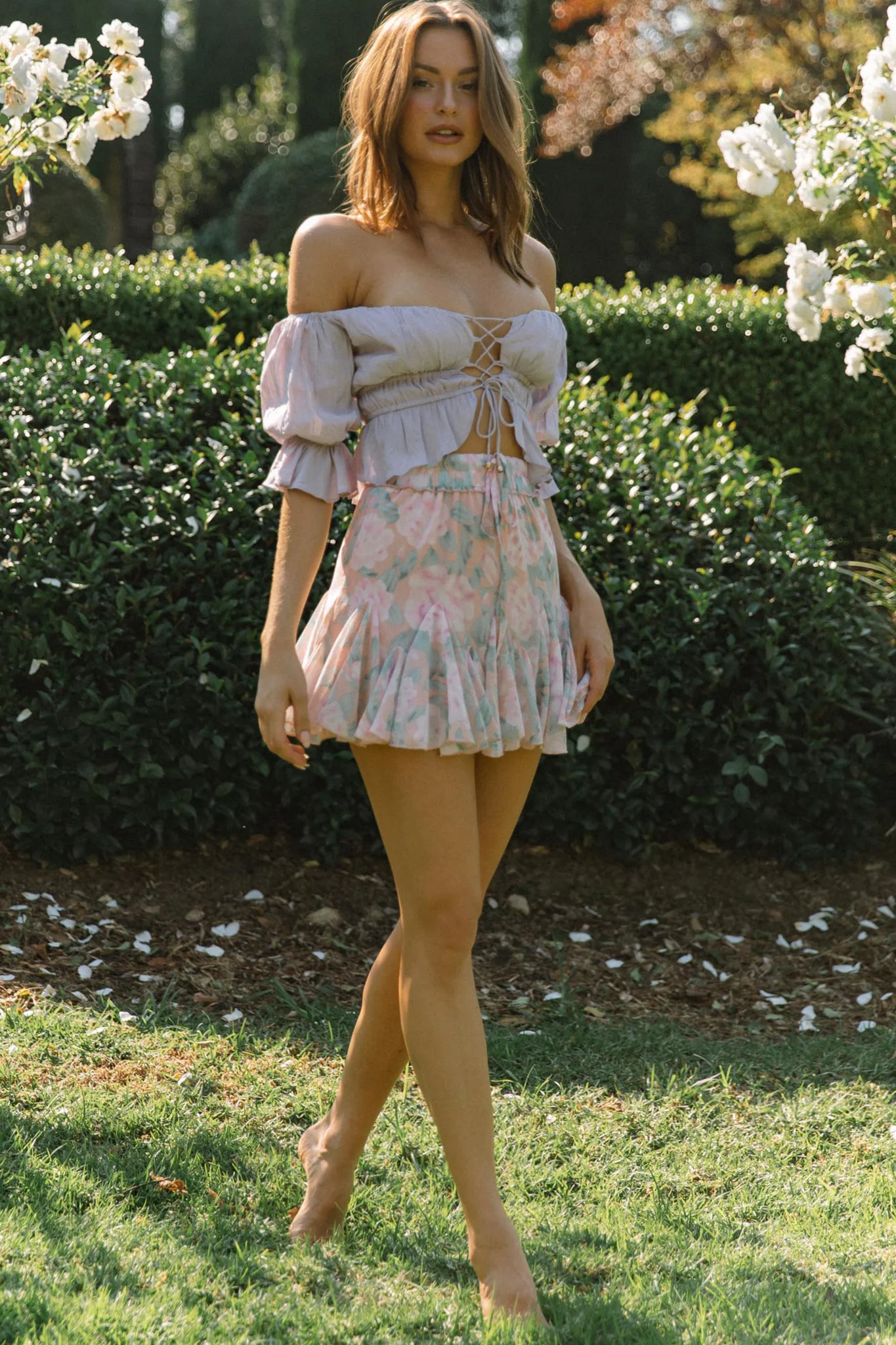 Robyn Flounce Mini Skirt Watercolor Floral Pink - Ruaus