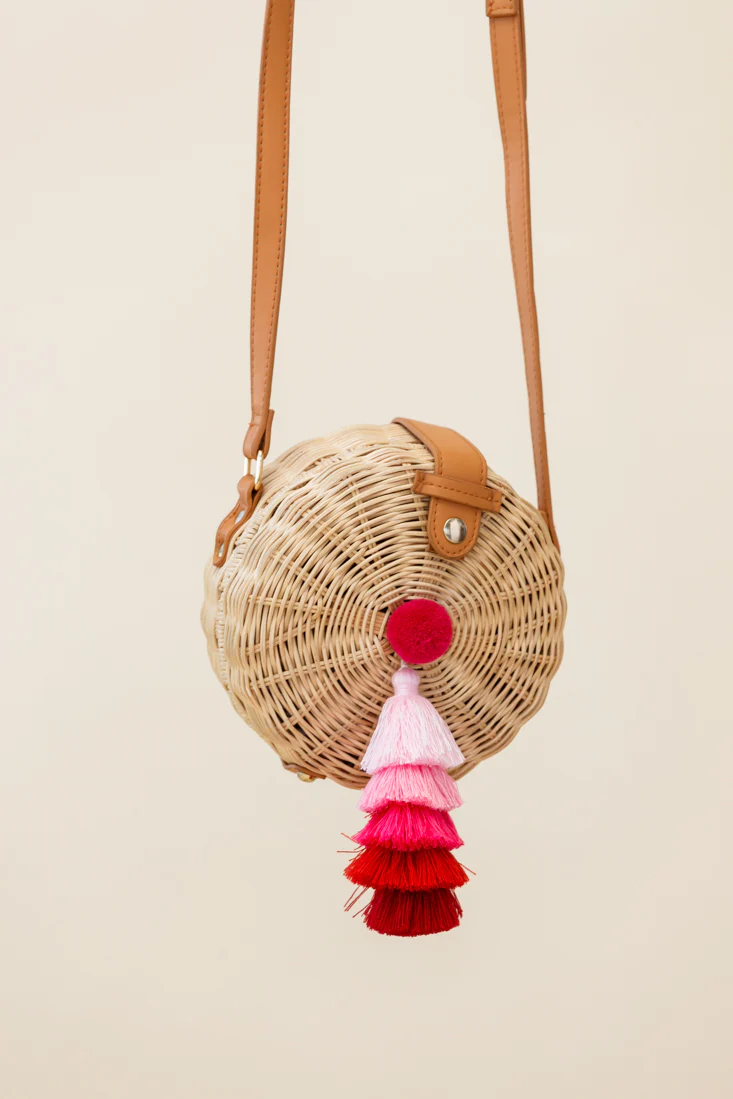 Tulum Woven Circle Tassel Trim Bag Pink - Ruaus