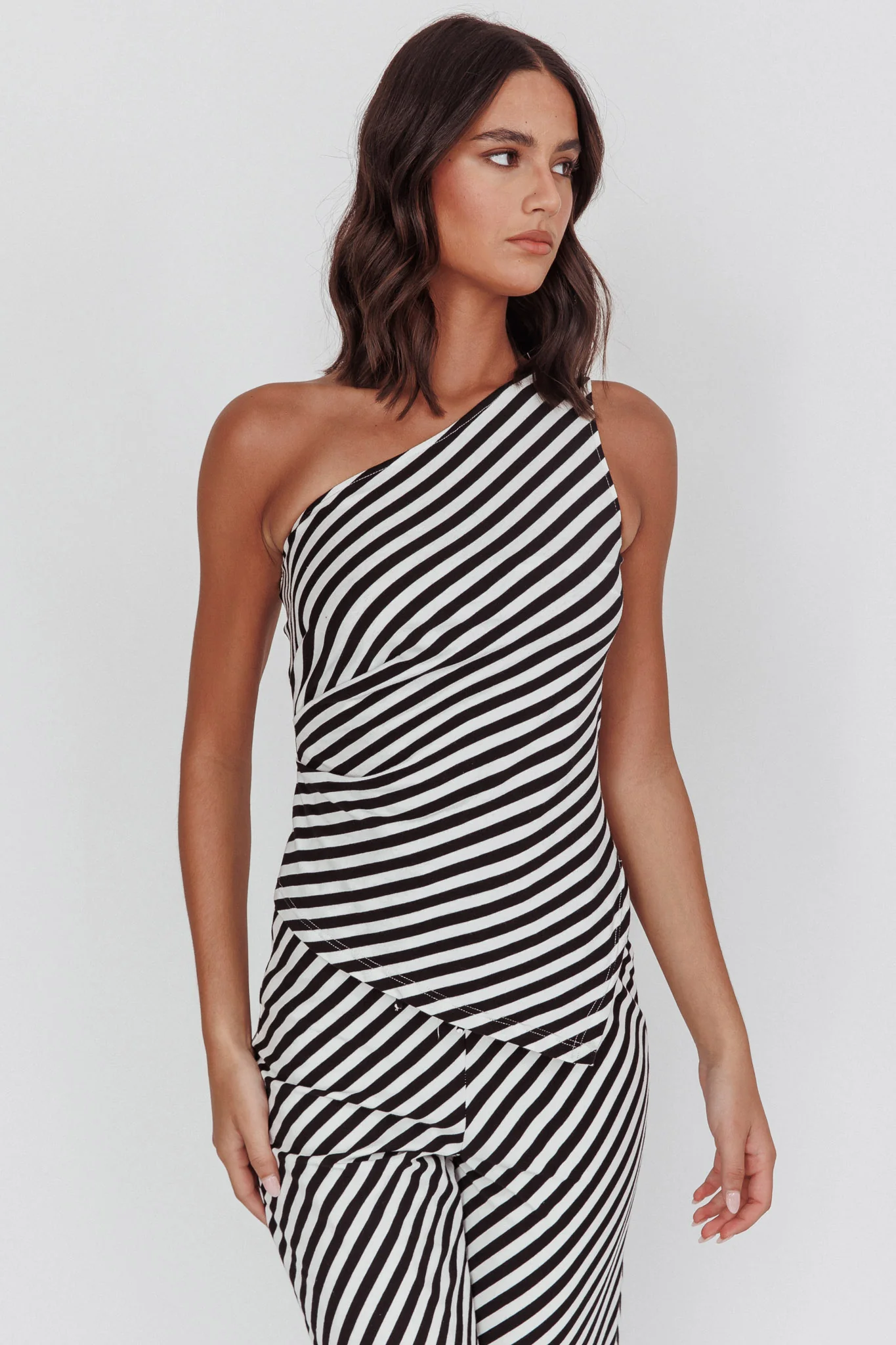 Golden Beach One-Shoulder Asymmetric Top Black Stripe - Ruaus