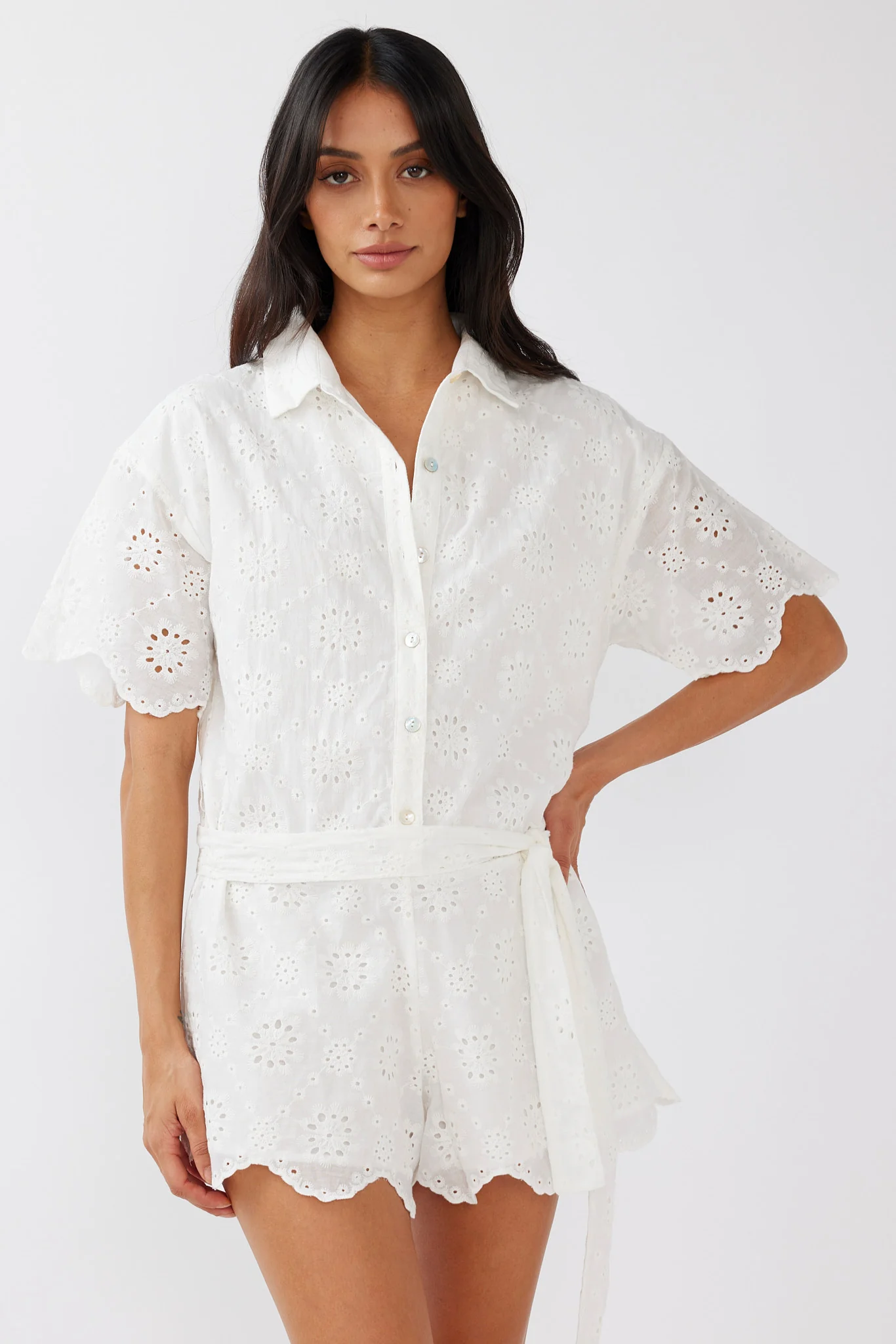 Junie Eyelet Embroidery Waist Tie Romper White - Ruaus