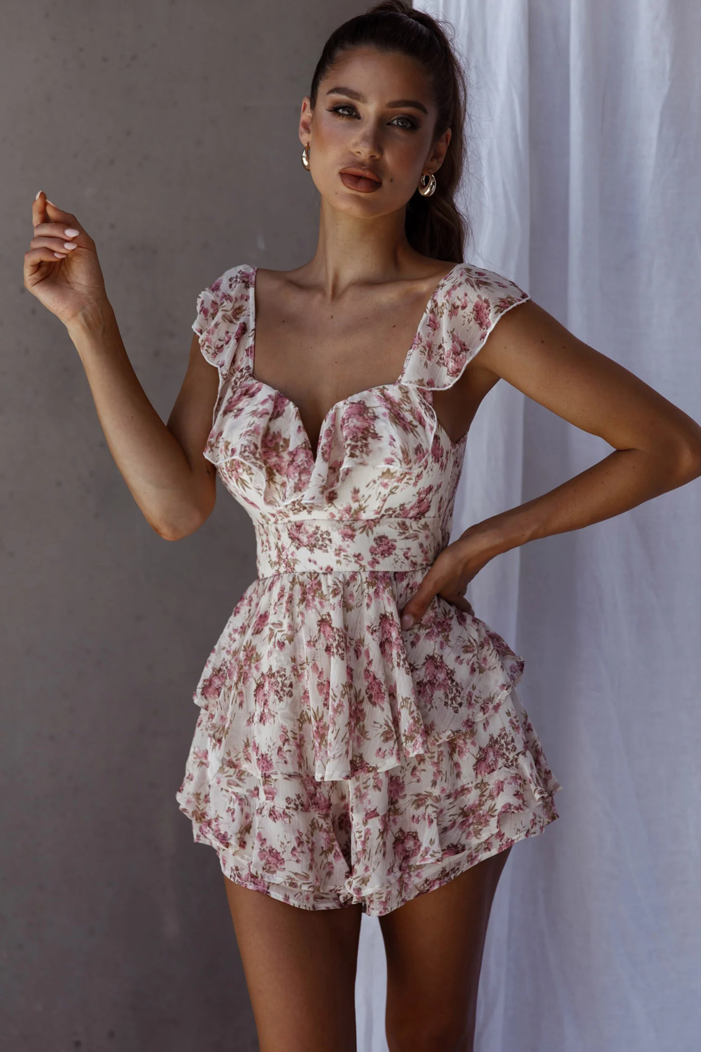 Revel Ruffle Trim Tied Back Romper Floral Pink - Ruaus