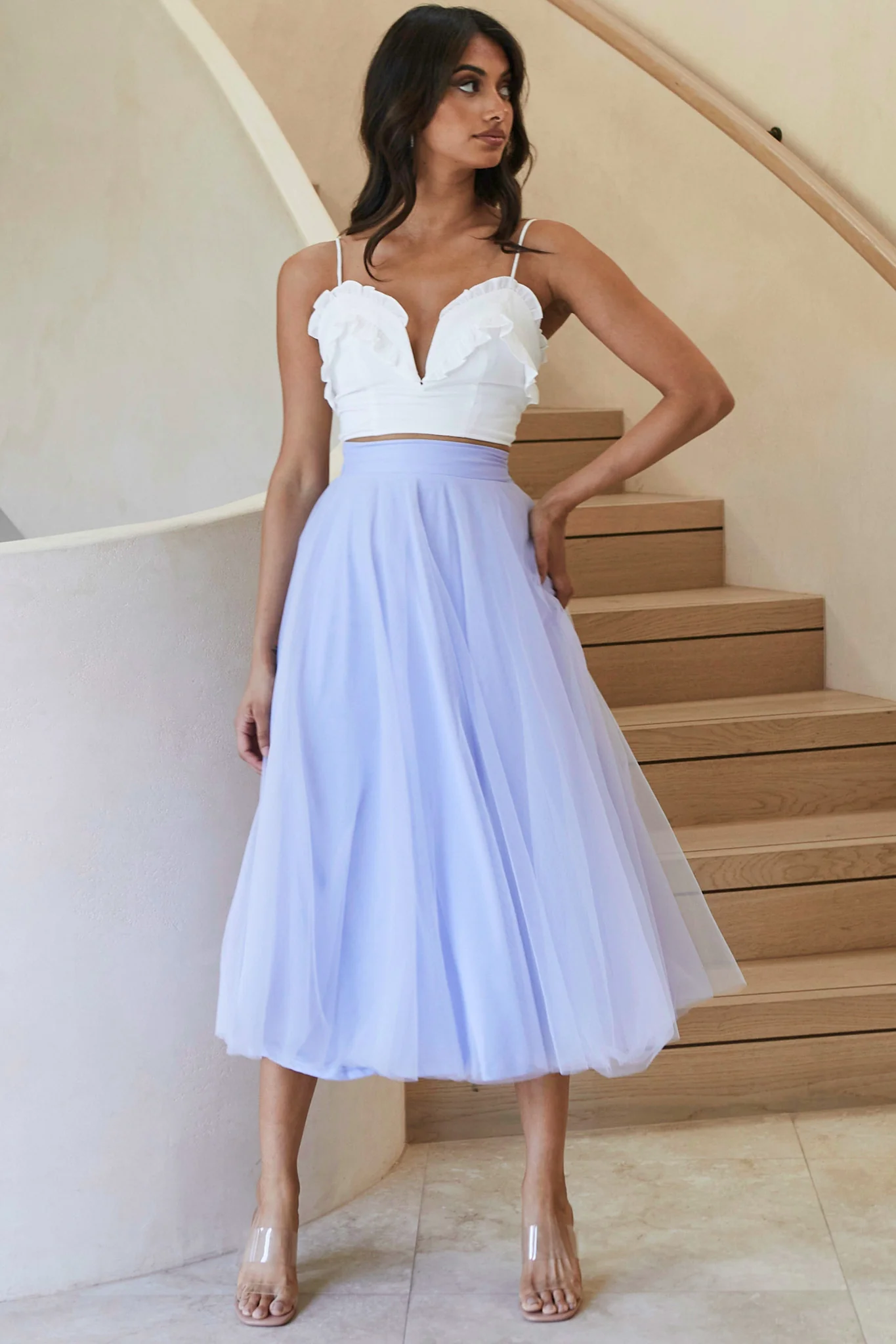 Jasmine Organza Mesh Elasticated Waist Midi Skirt Lavender - Ruaus