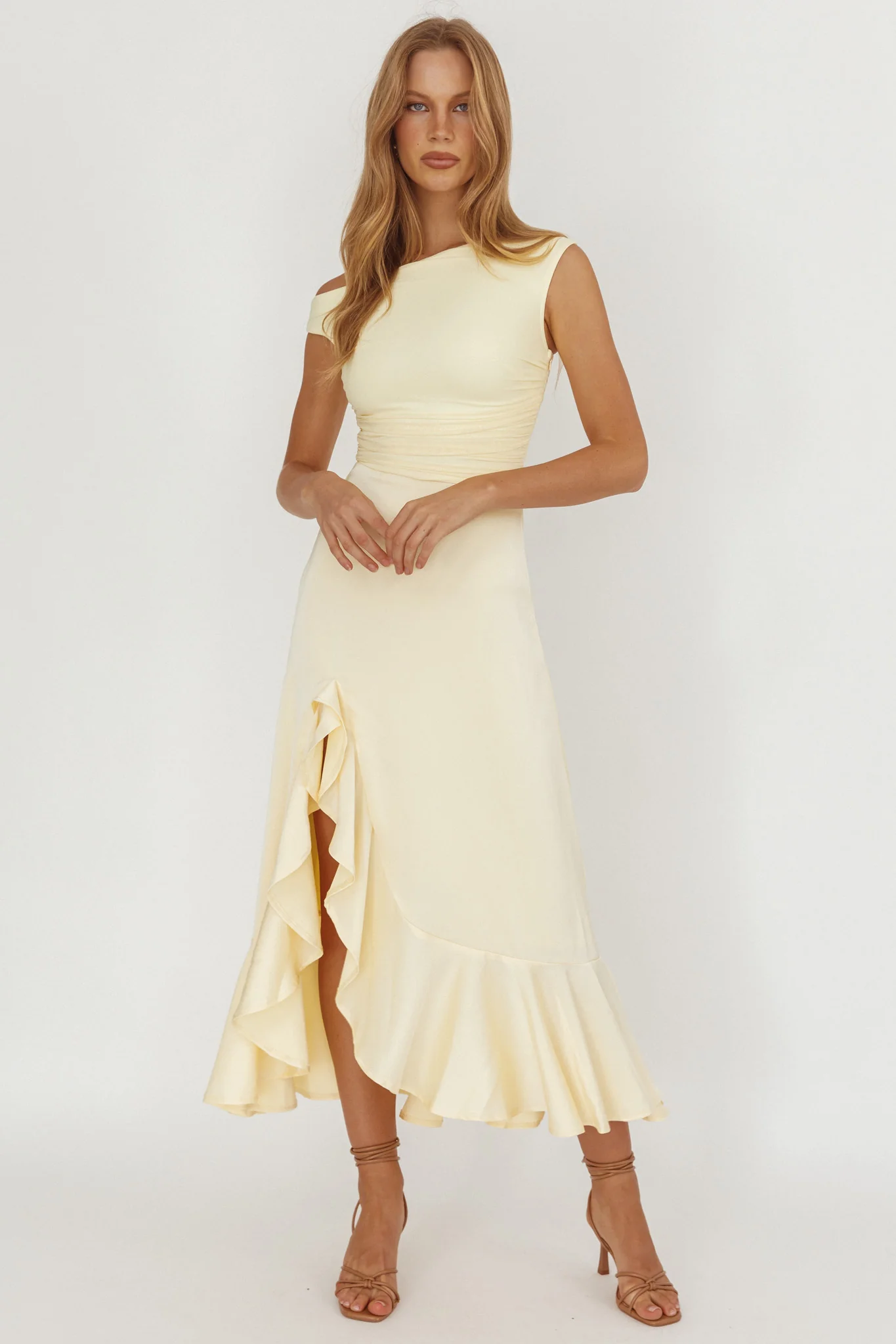 Moonlit Magic Asymmetric Neckline Satin Ruffle Dress Butter - Ruaus