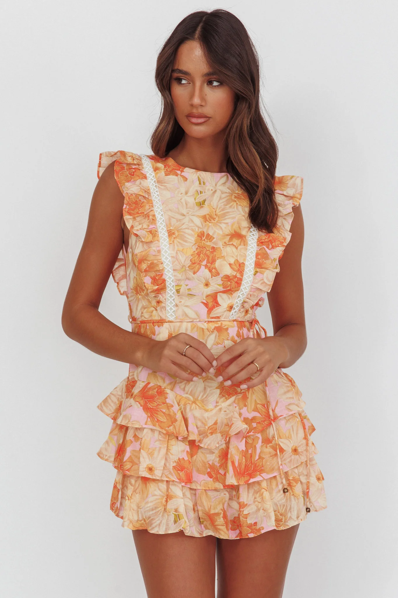 Weekend Muse Sleeveless Layered Frill Romper Flowers Yellow - Ruaus