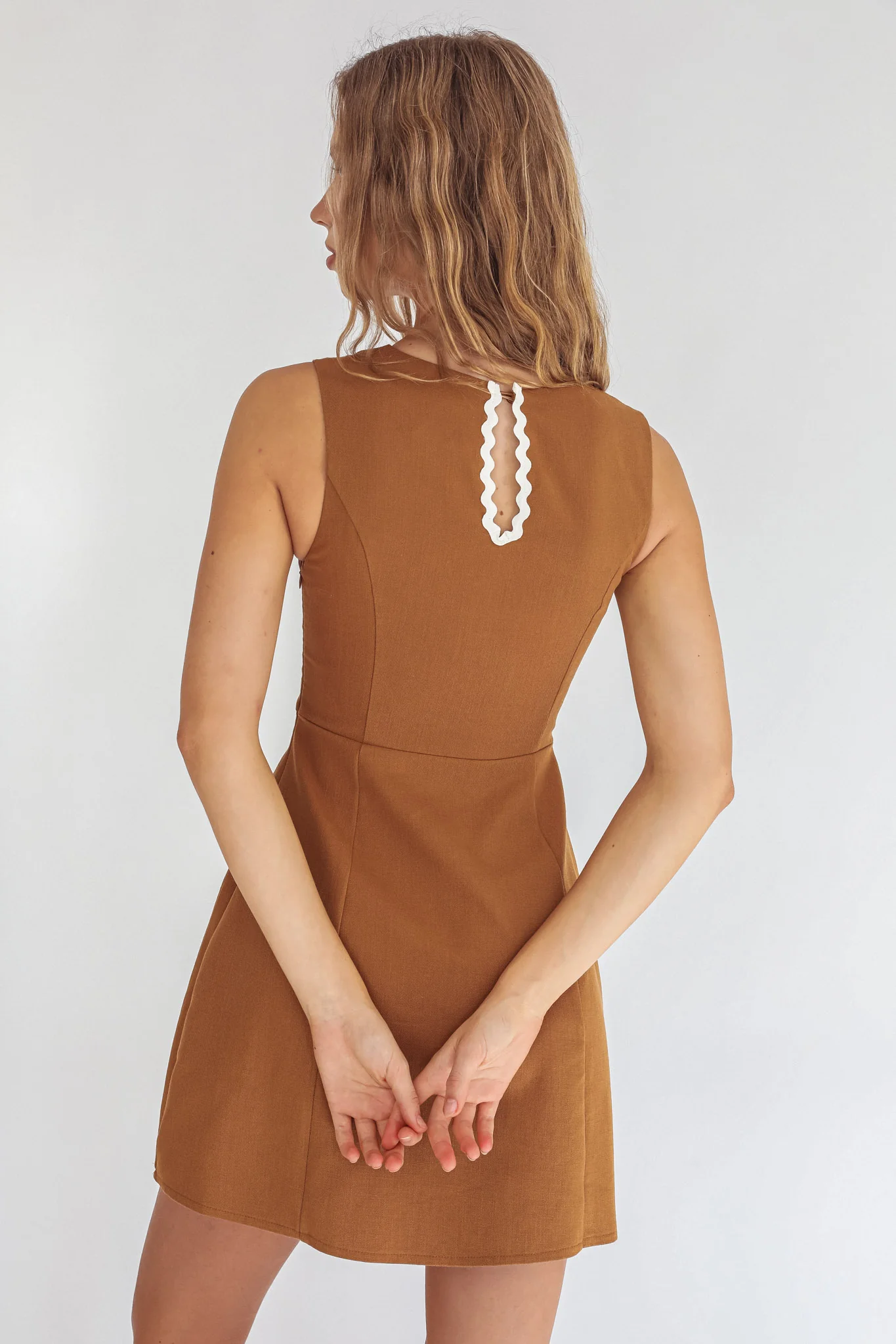 Make You Mine V-Neck Ric-Rac Mini Dress Brown - Ruaus