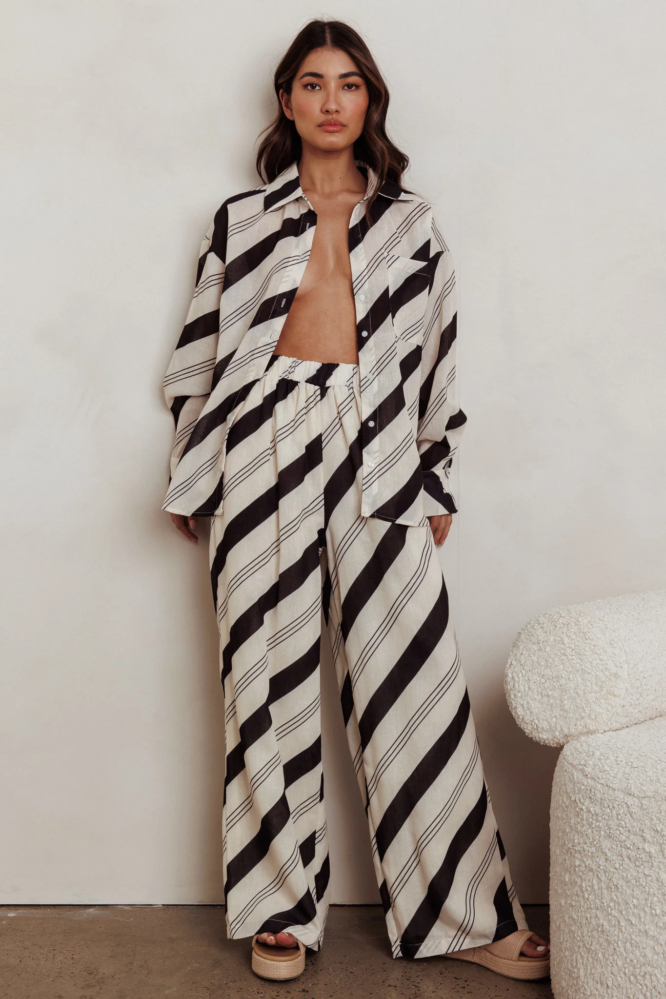 Alex Long Sleeve Striped Print Shirt Black/Cream - Ruaus