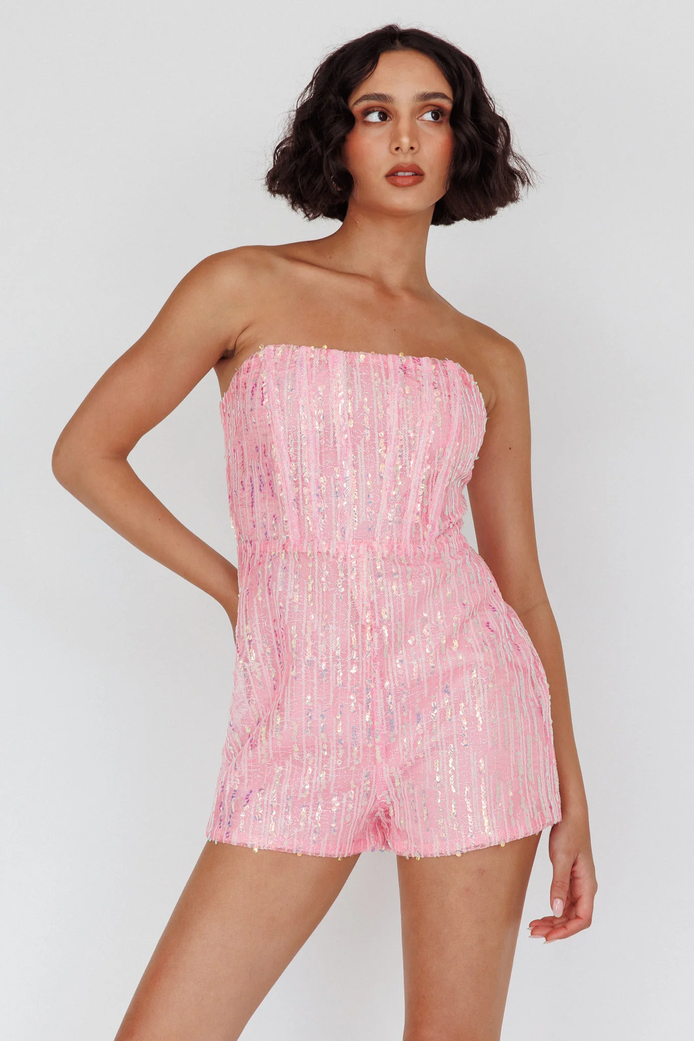 Wild Dreams Strapless Sequin Romper Pink - Ruaus