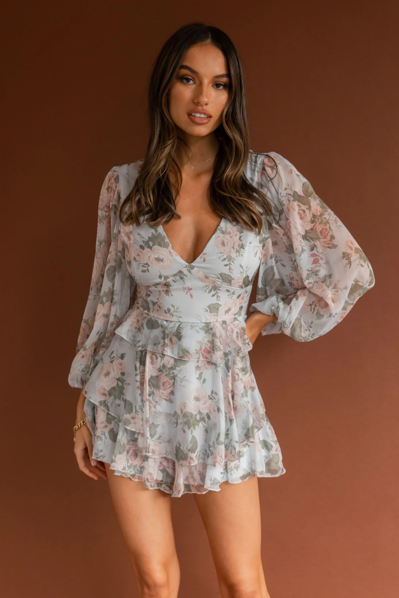 La Nena Frill Trim Flounce Romper Floral Green - Ruaus