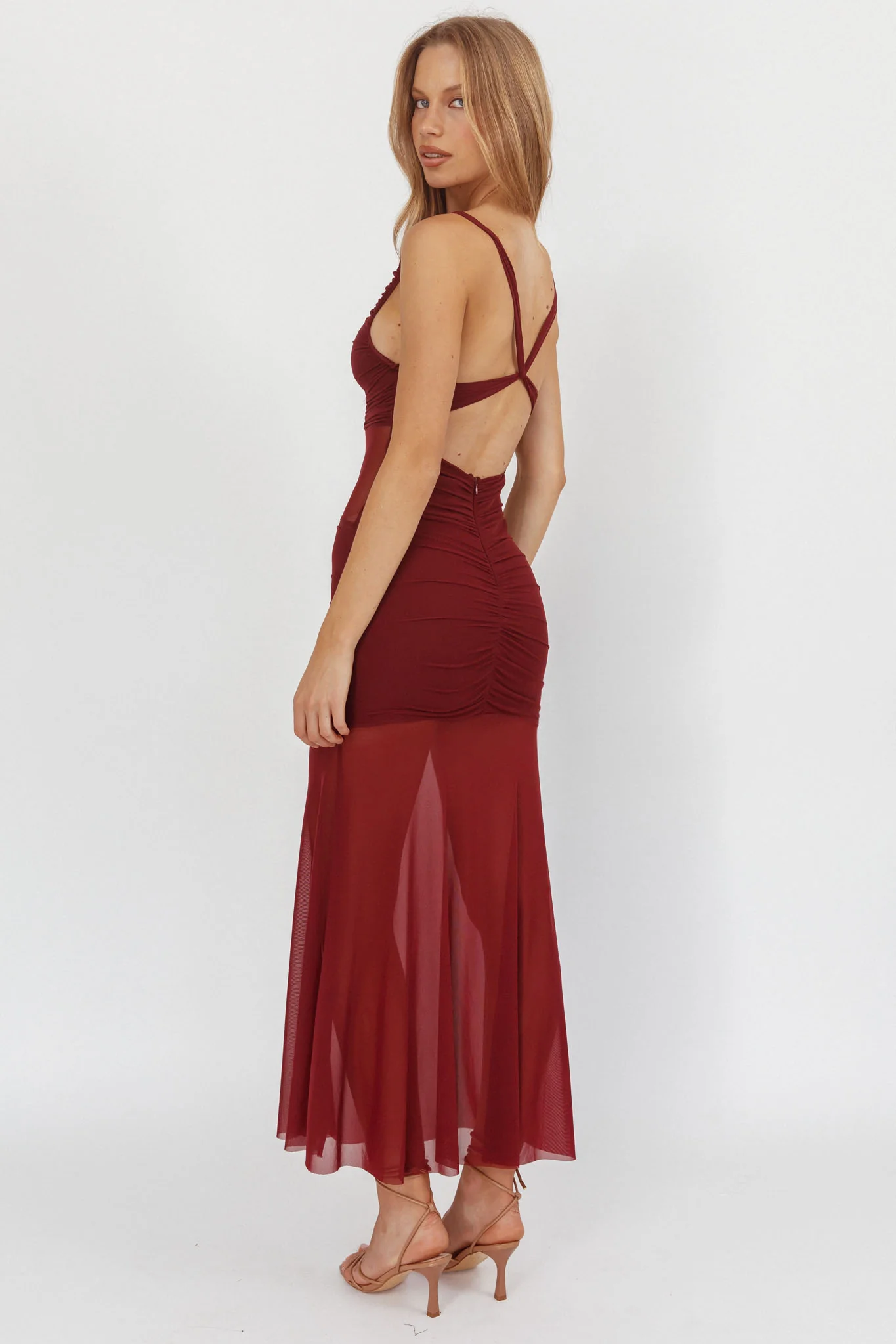 Sade Sheer Panel Ruched Maxi Dress Wine - Ruaus