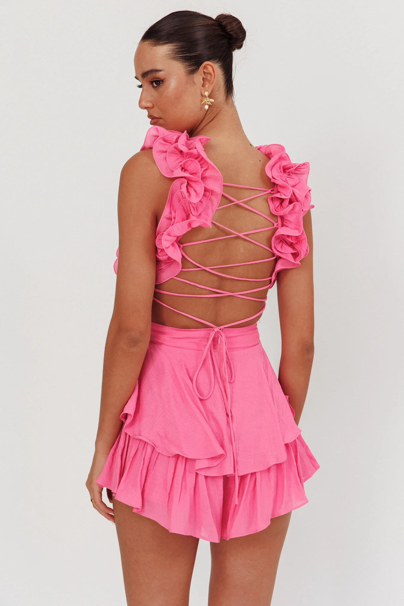 Madara Lace-Up Back Romper Pink - Ruaus