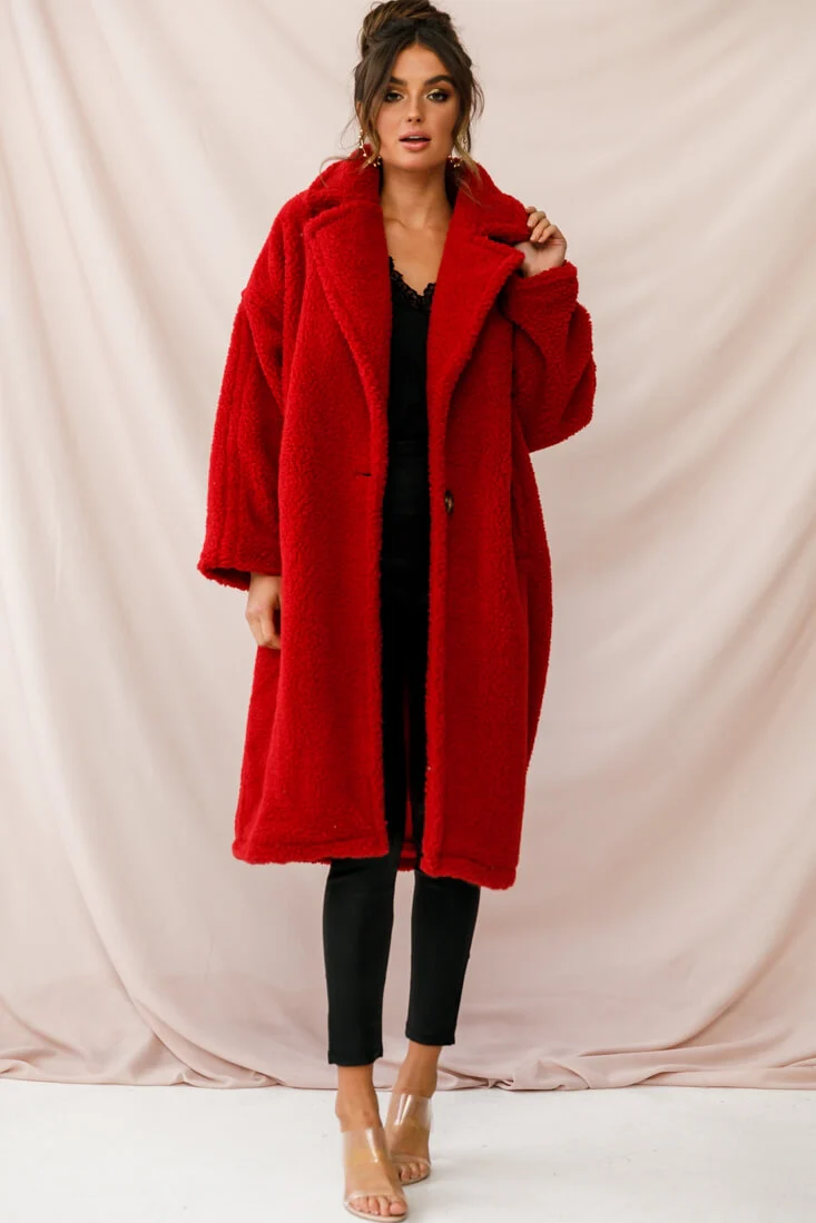 Berlin Notched Lapel Longline Fleece Coat Red - Ruaus