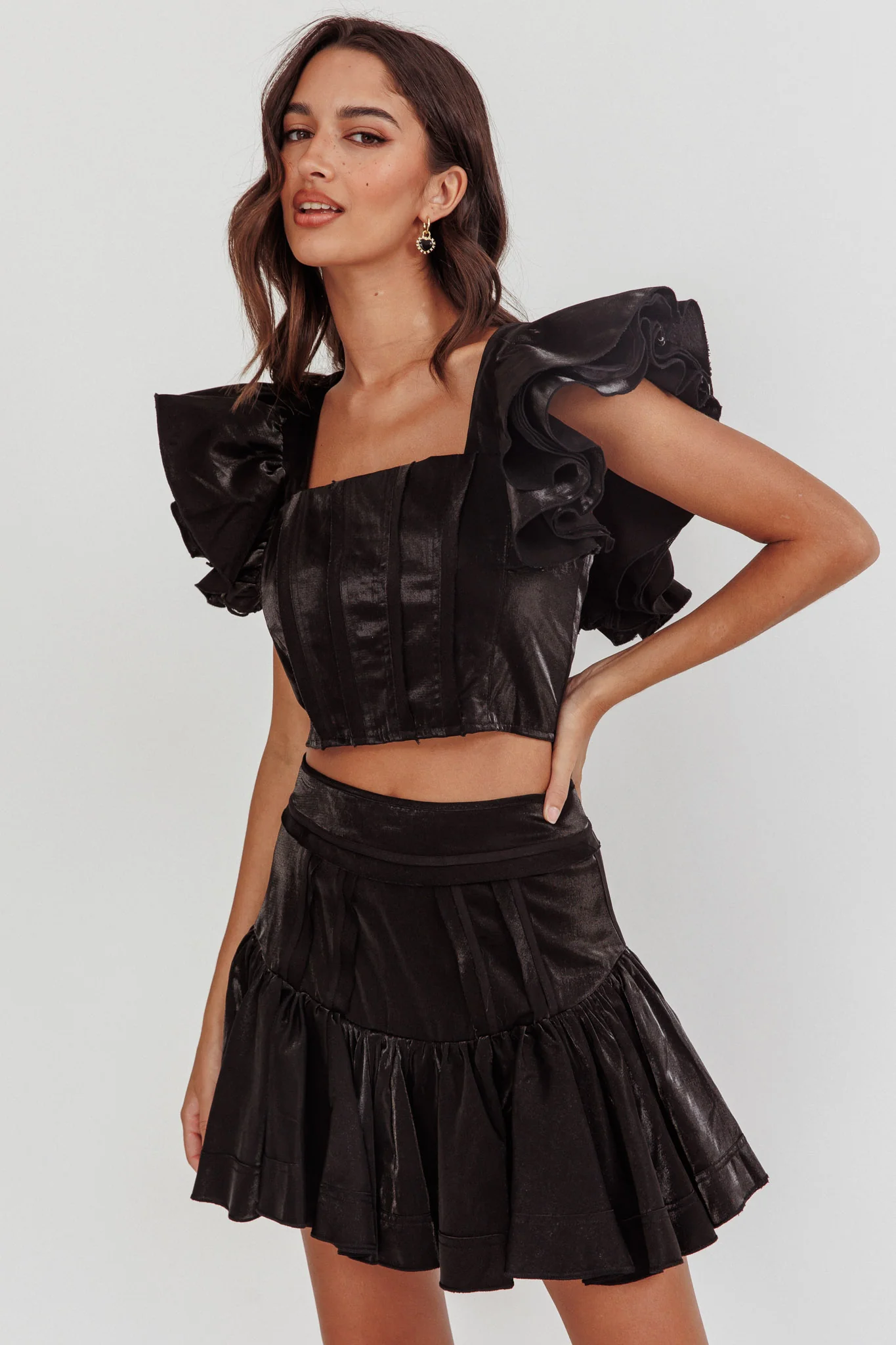 Debutante Ruffle Sleeve Crop Top Black - Ruaus