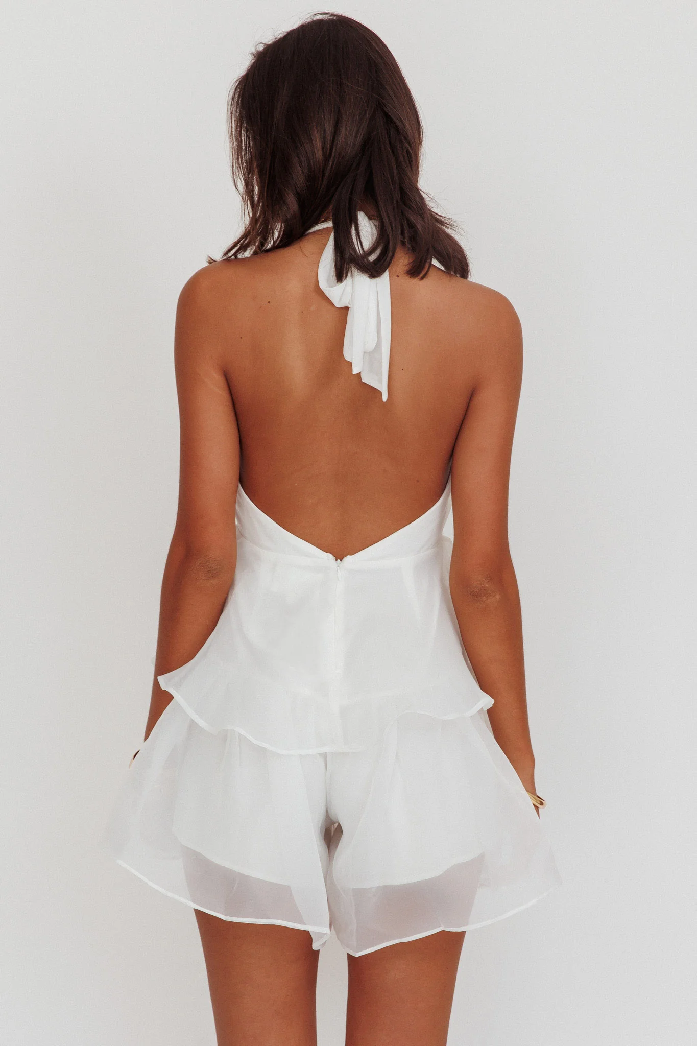 Behati Tiered Ruffles Halterneck Romper White - Ruaus