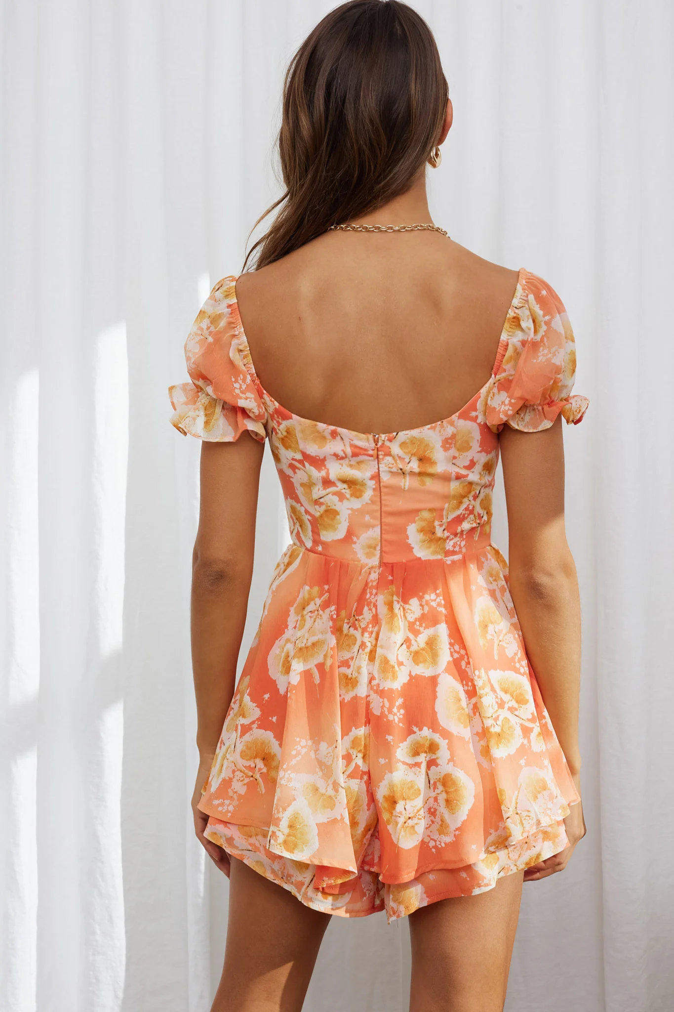 Sweet Romance Puff Sleeve Romper Watercolor Print Rust - Ruaus