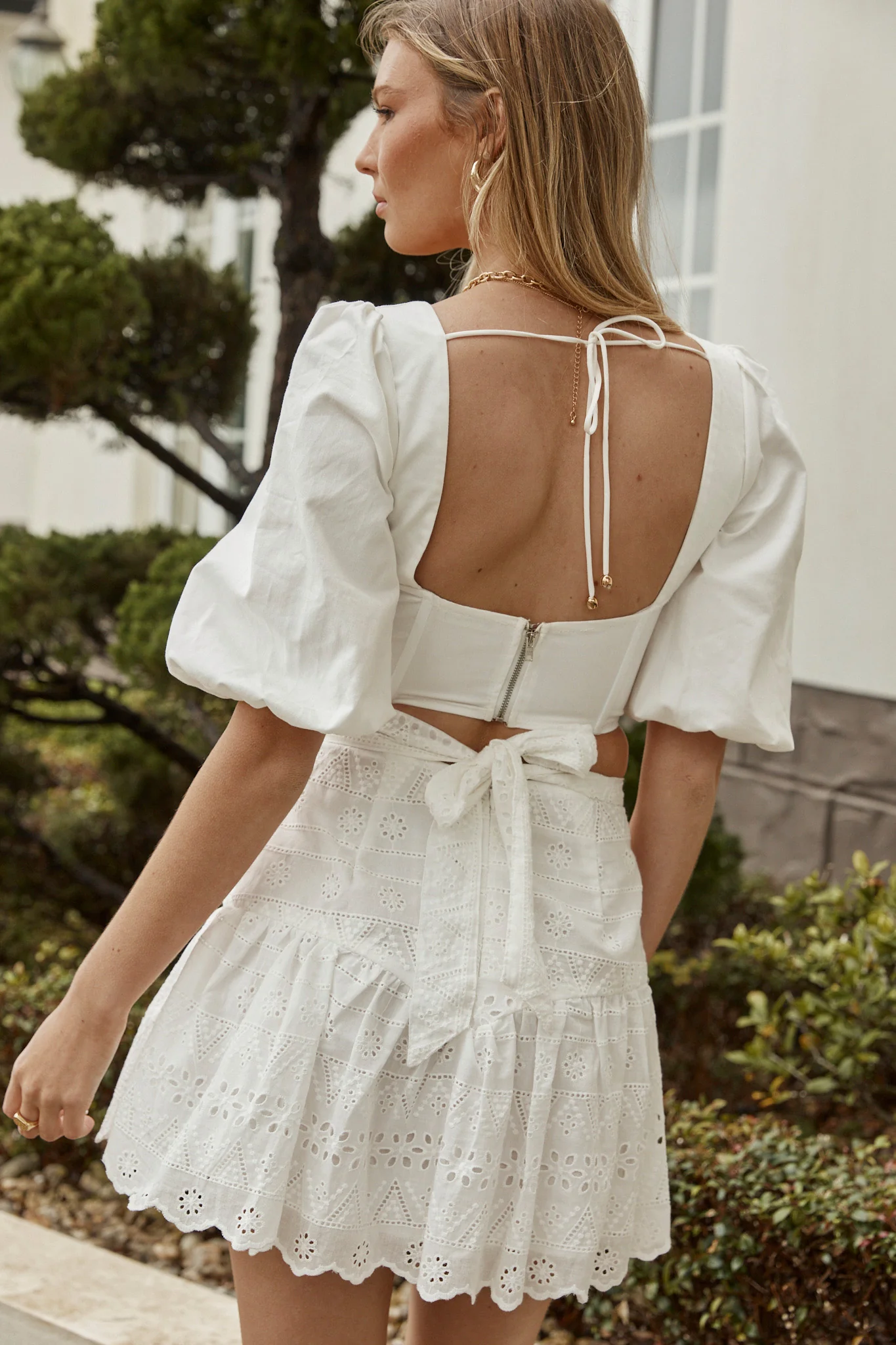 Glow Up Eyelet Embroidery Waist Tie Mini Skirt White - Ruaus