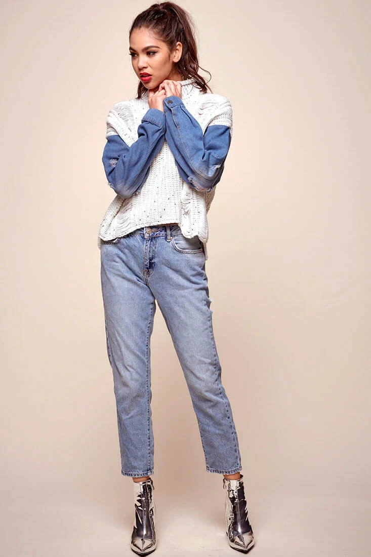 Dawn Denim Sleeved Knit Sweater Marble Blue - Ruaus