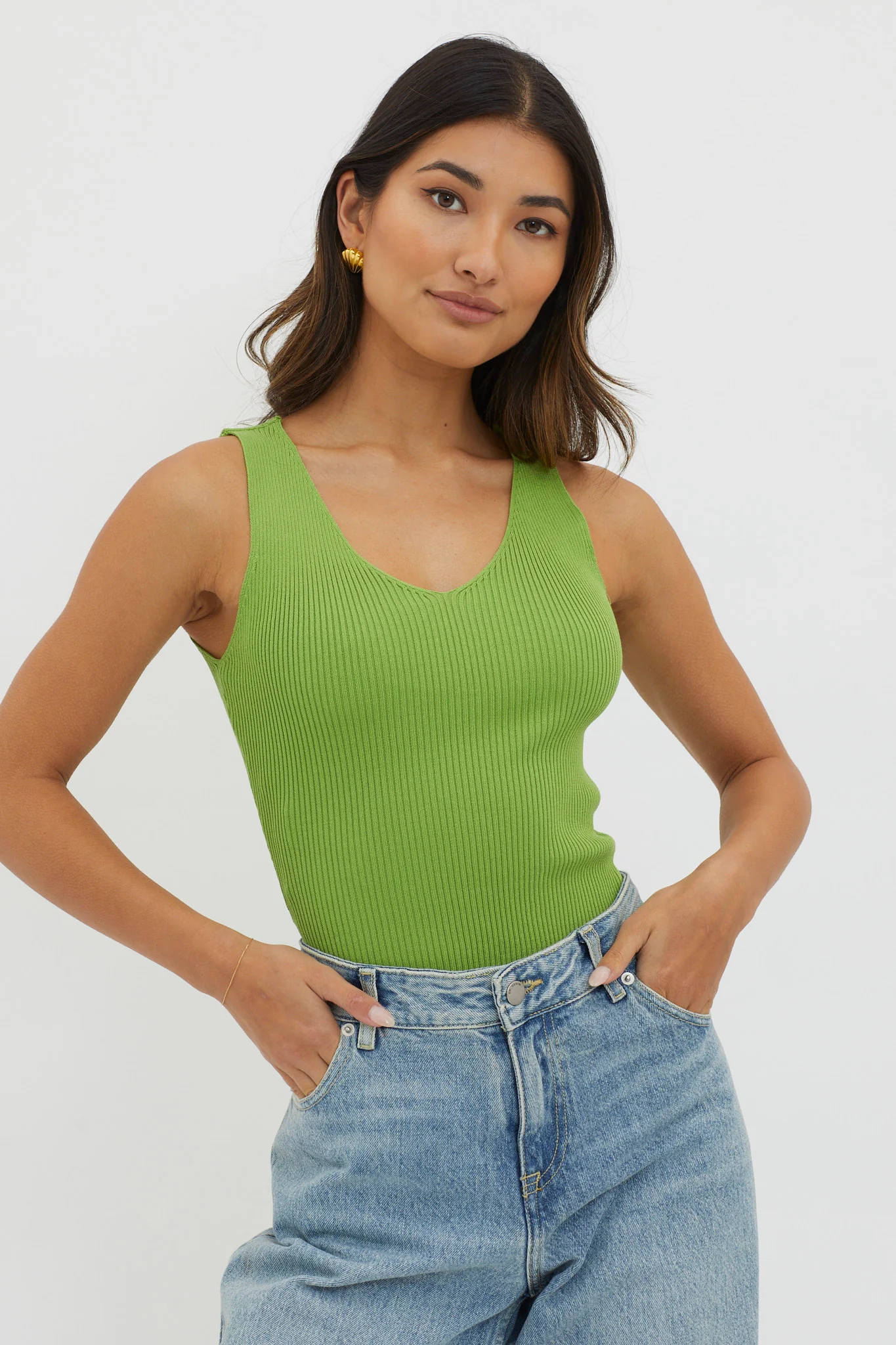 Off-Duty V-Neck Ribbed Knit Top Green - Ruaus
