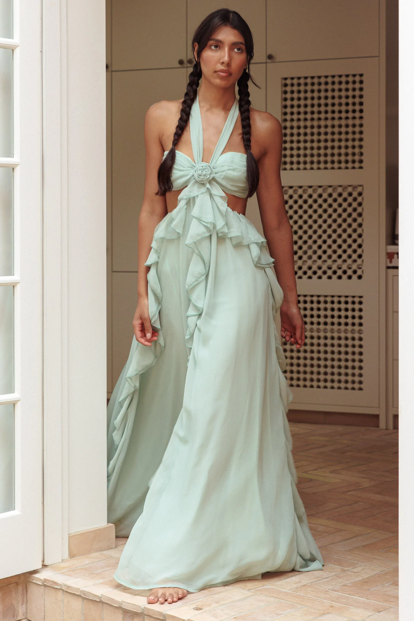 Santiago Cut-Out Ruffle Maxi Dress Sage - Ruaus