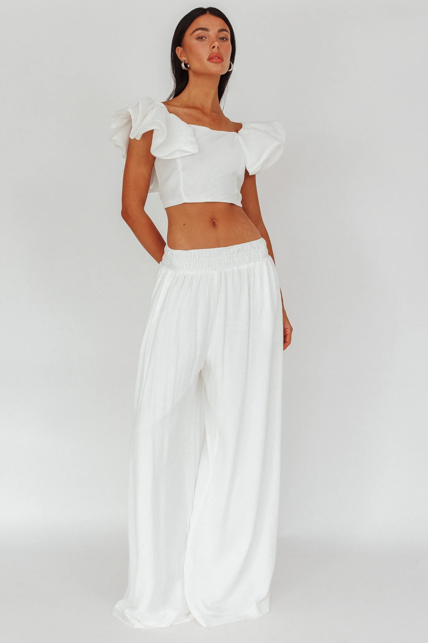 Darna Shirred Waist Wide Leg Pants Off White - Ruaus